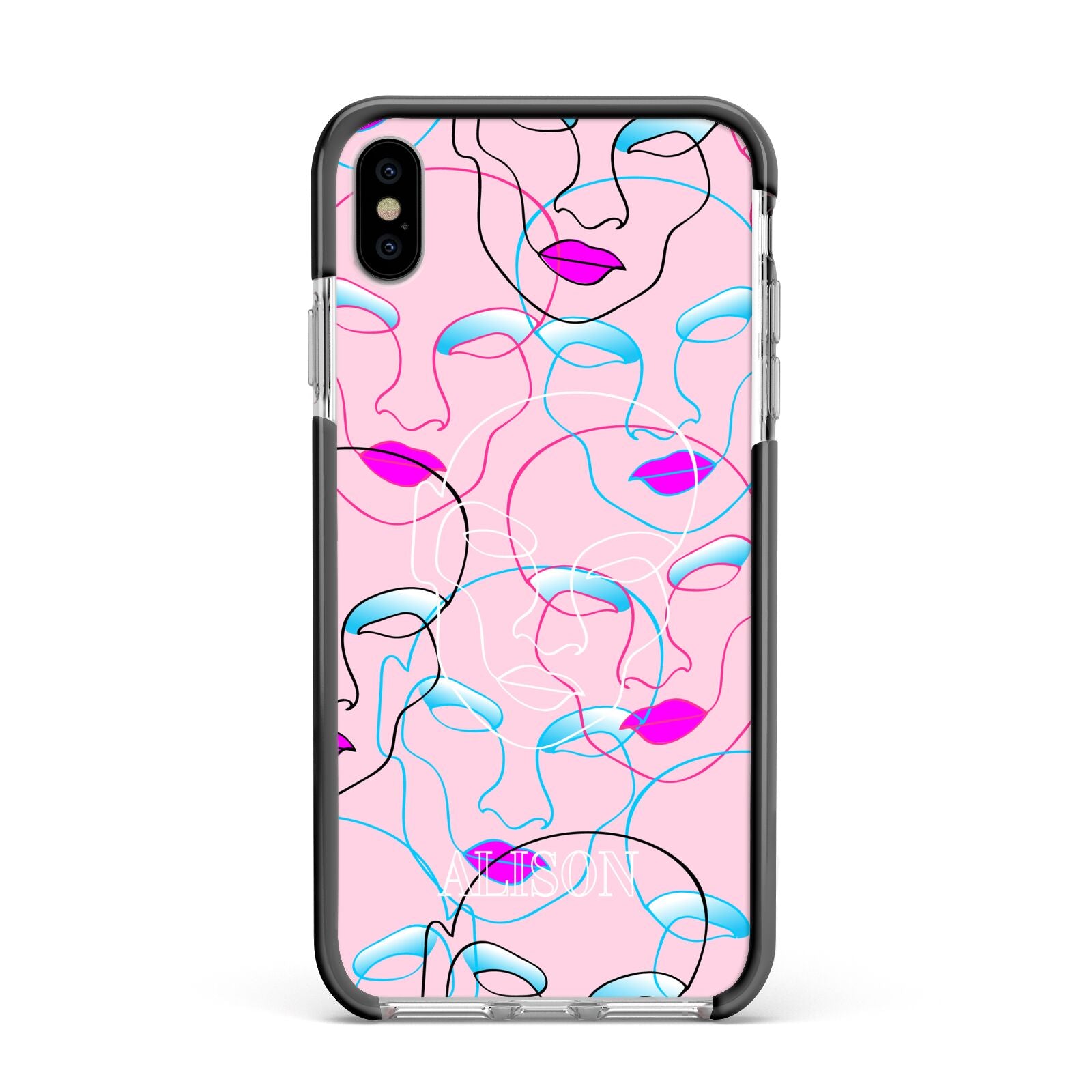 Personalised Pink Line Art Apple iPhone Xs Max Impact Case Black Edge on Silver Phone