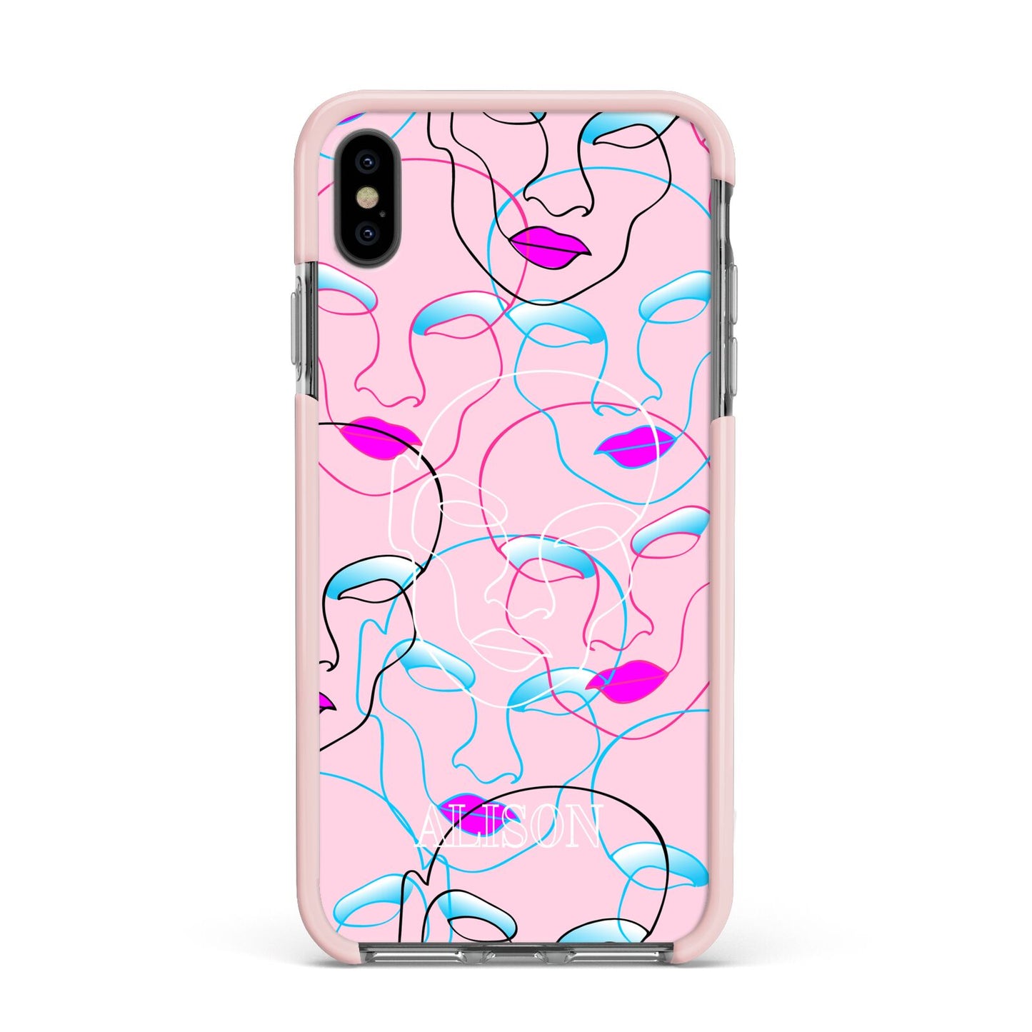 Personalised Pink Line Art Apple iPhone Xs Max Impact Case Pink Edge on Black Phone