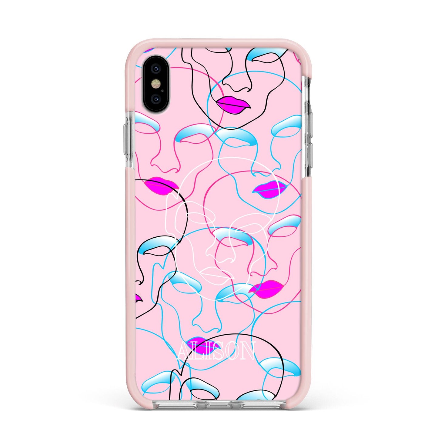 Personalised Pink Line Art Apple iPhone Xs Max Impact Case Pink Edge on Silver Phone