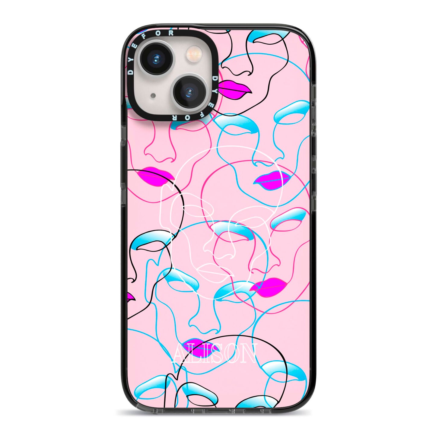 Personalised Pink Line Art iPhone 13 Black Impact Case on Silver phone