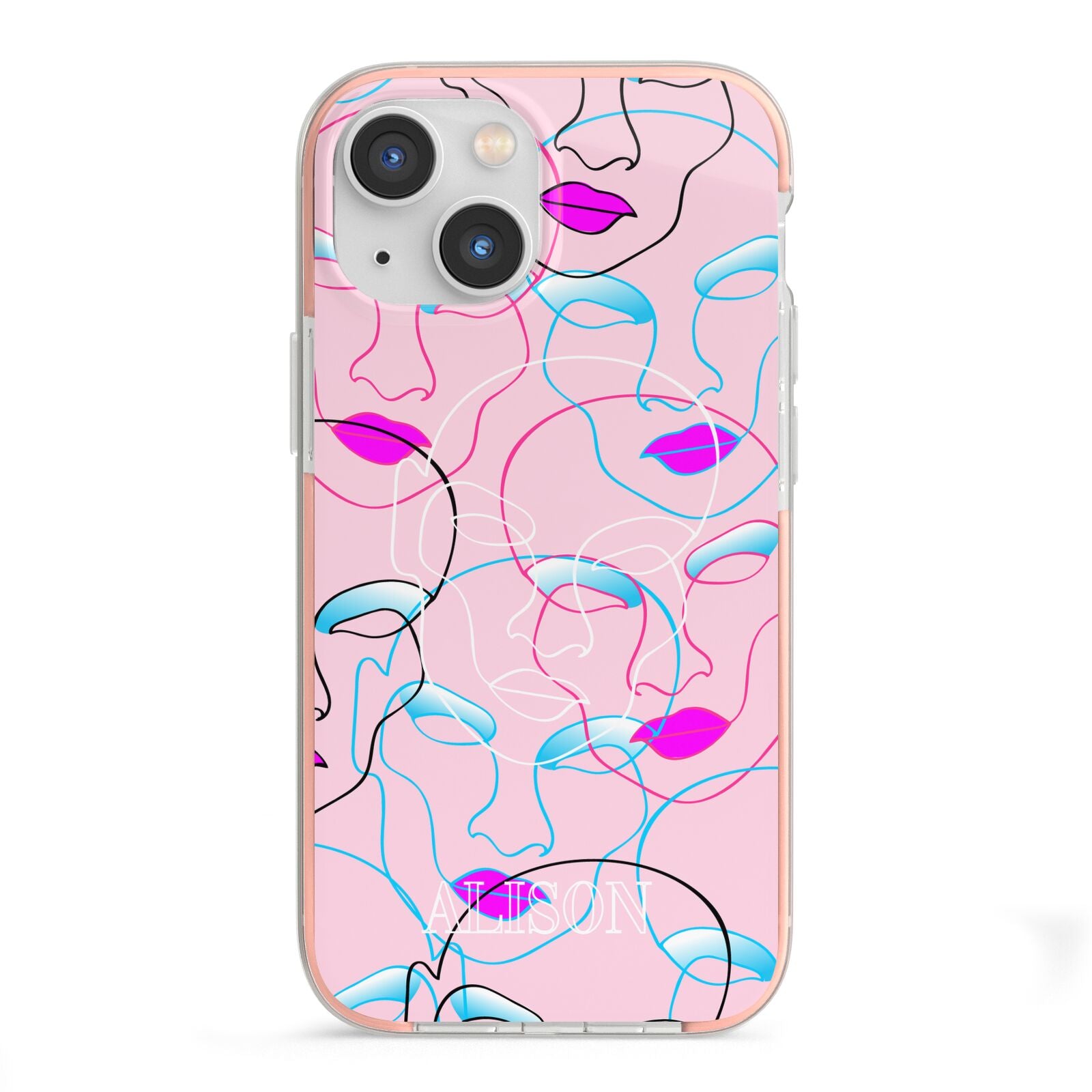 Personalised Pink Line Art iPhone 13 Mini TPU Impact Case with Pink Edges