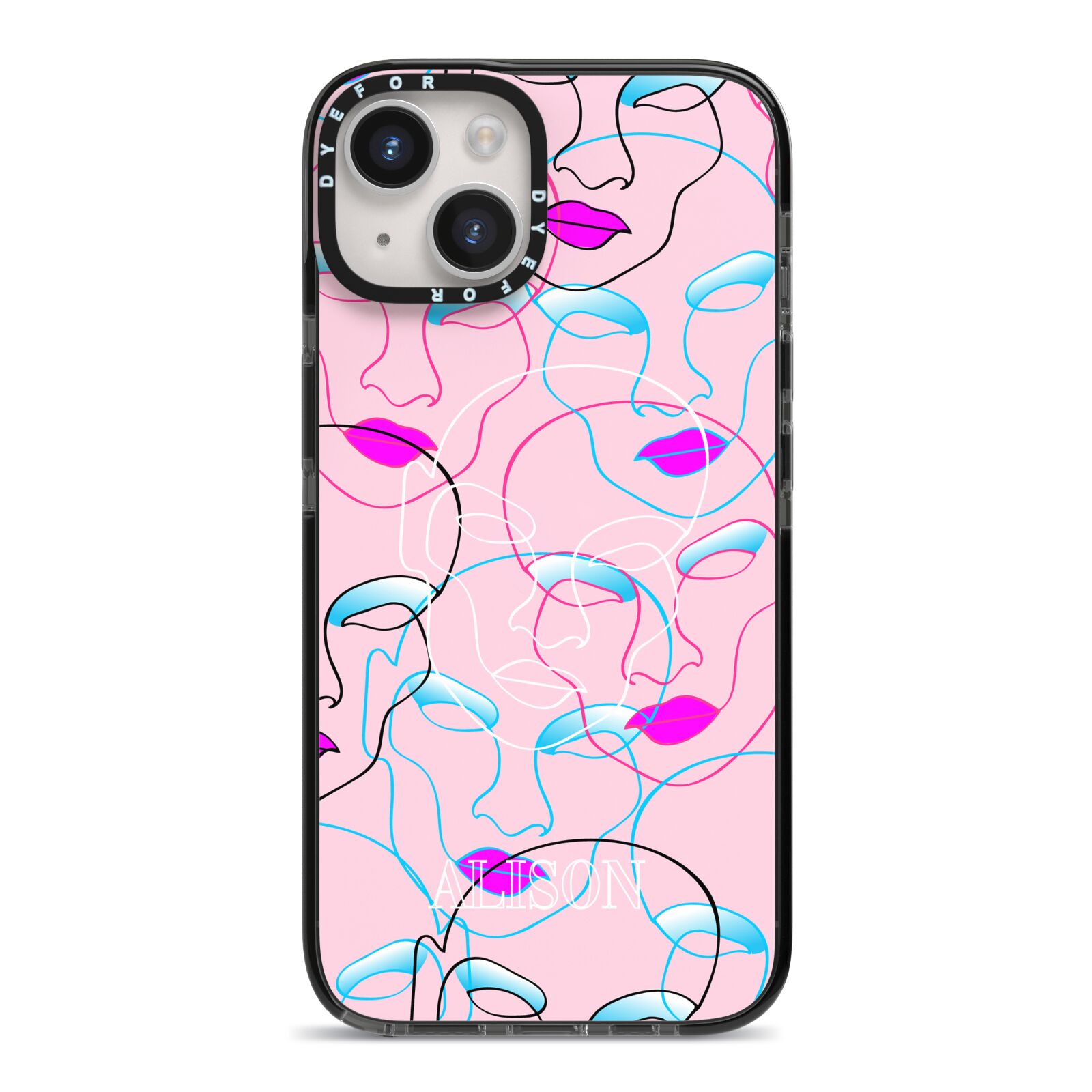 Personalised Pink Line Art iPhone 14 Black Impact Case on Silver phone