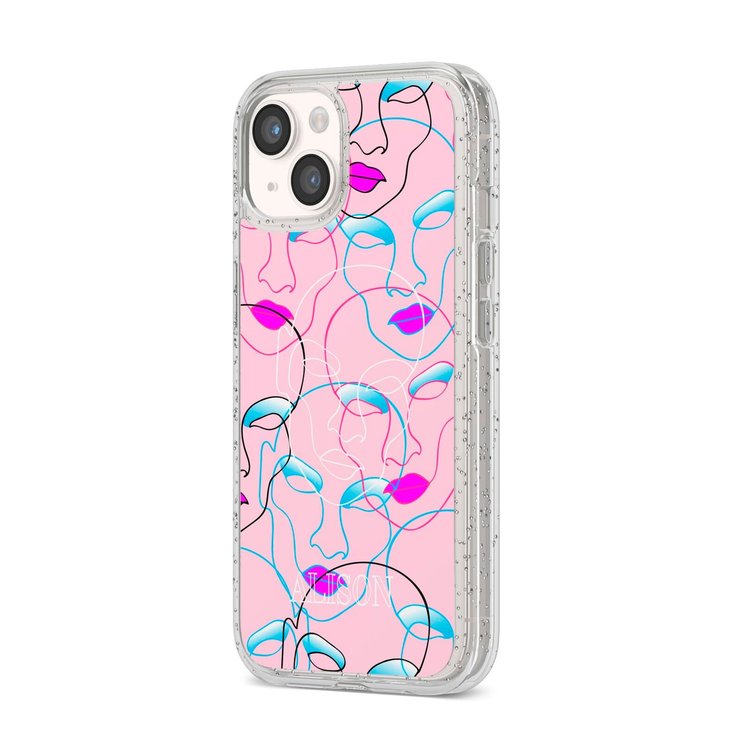 Personalised Pink Line Art iPhone 14 Glitter Tough Case Starlight Angled Image