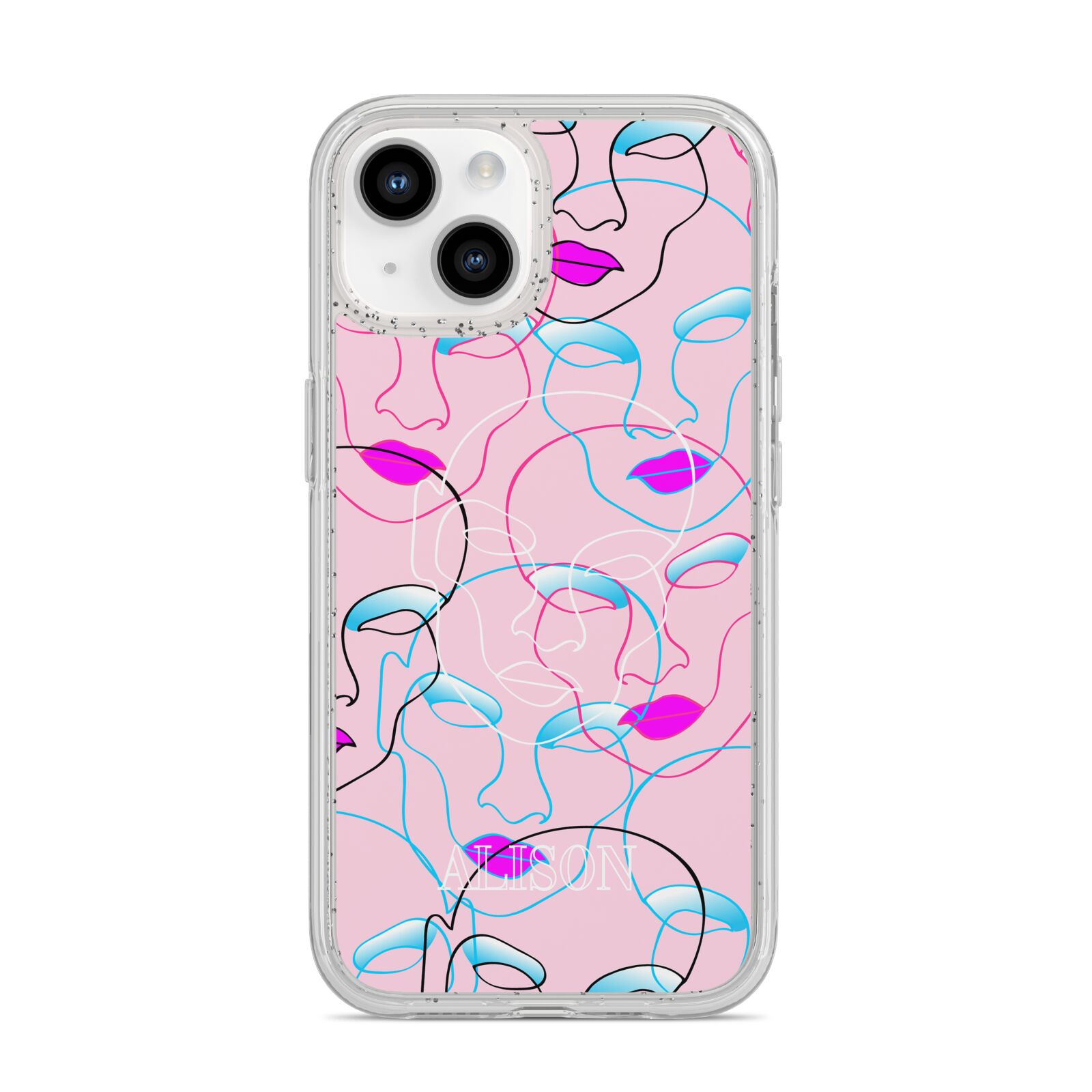 Personalised Pink Line Art iPhone 14 Glitter Tough Case Starlight