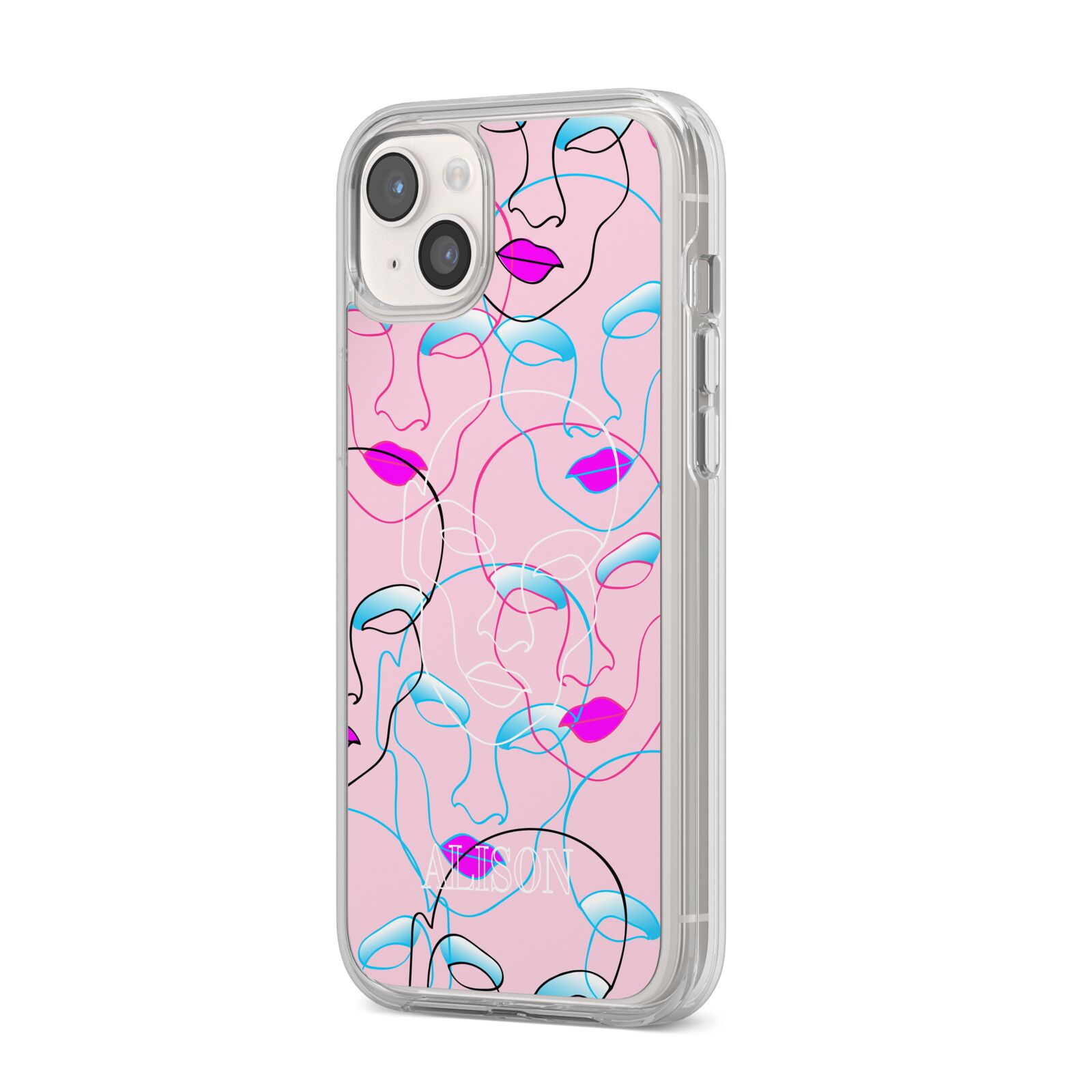 Personalised Pink Line Art iPhone 14 Plus Clear Tough Case Starlight Angled Image