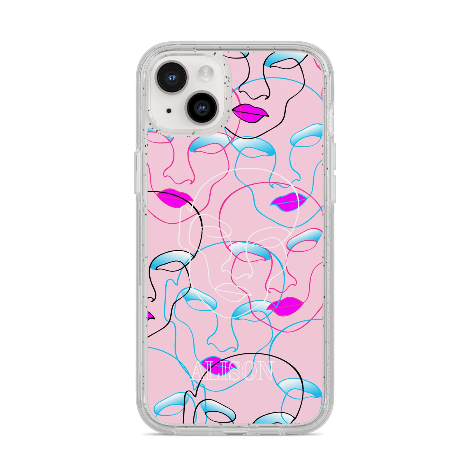 Personalised Pink Line Art iPhone 14 Plus Glitter Tough Case Starlight