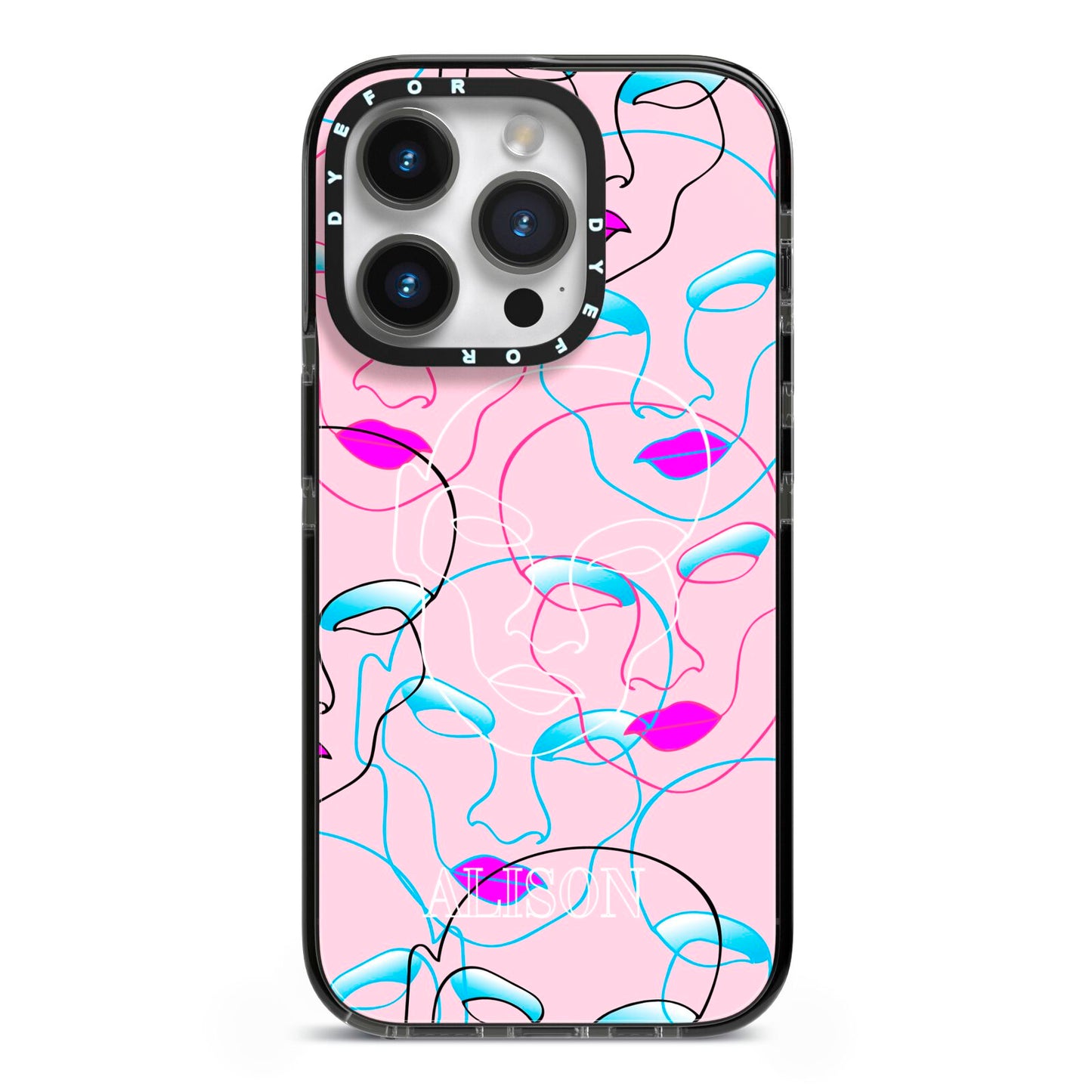 Personalised Pink Line Art iPhone 14 Pro Black Impact Case on Silver phone