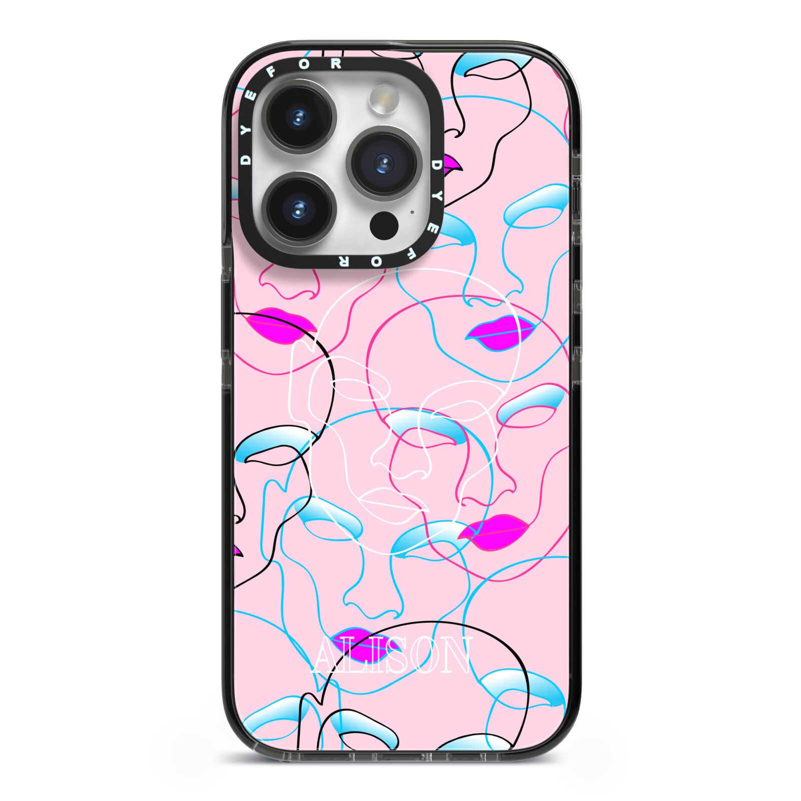 Personalised Pink Line Art iPhone 14 Pro Black Impact Case on Silver phone