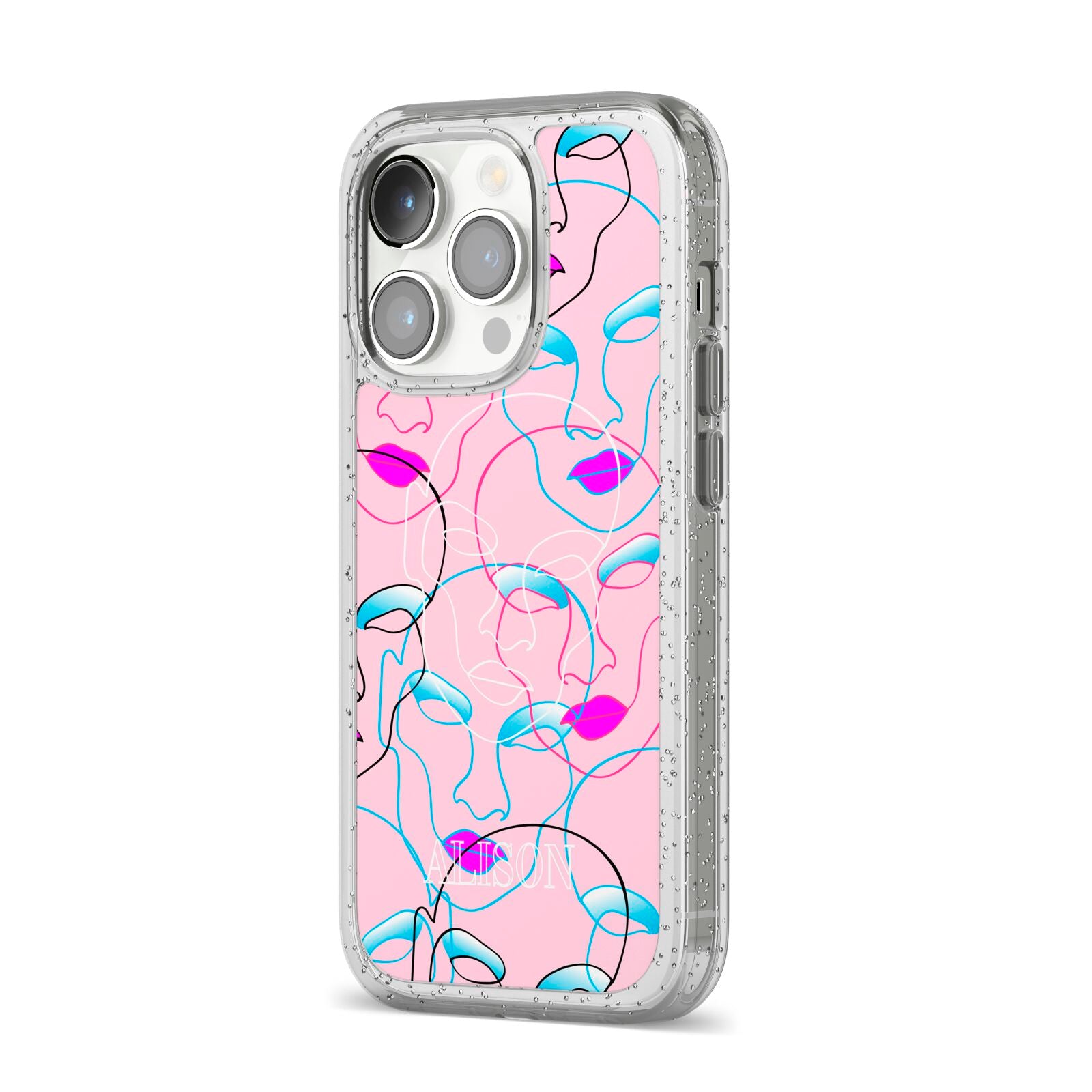 Personalised Pink Line Art iPhone 14 Pro Glitter Tough Case Silver Angled Image