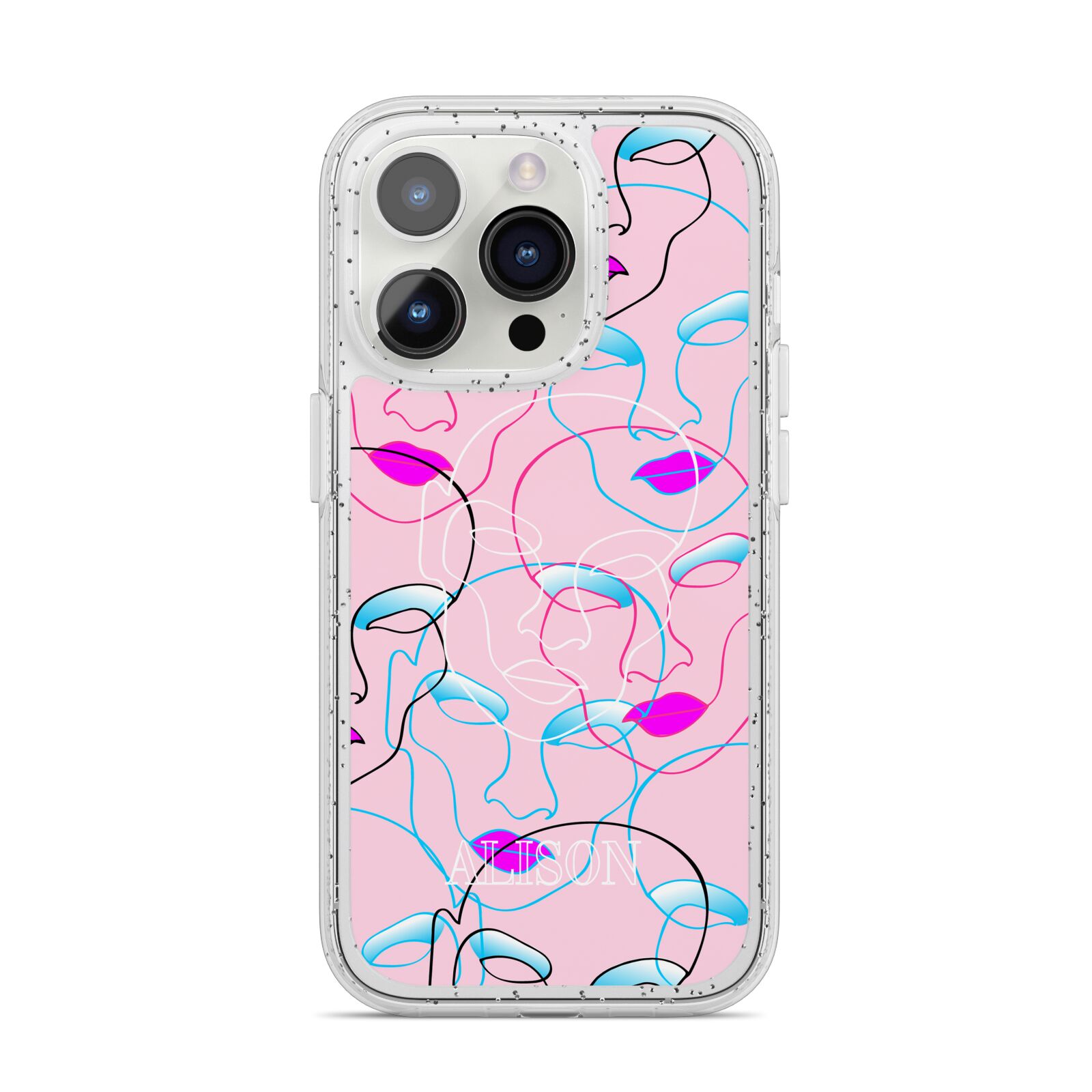 Personalised Pink Line Art iPhone 14 Pro Glitter Tough Case Silver