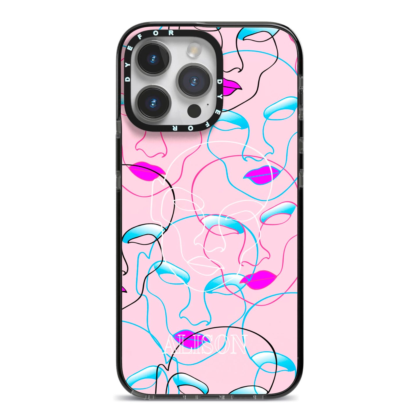 Personalised Pink Line Art iPhone 14 Pro Max Black Impact Case on Silver phone