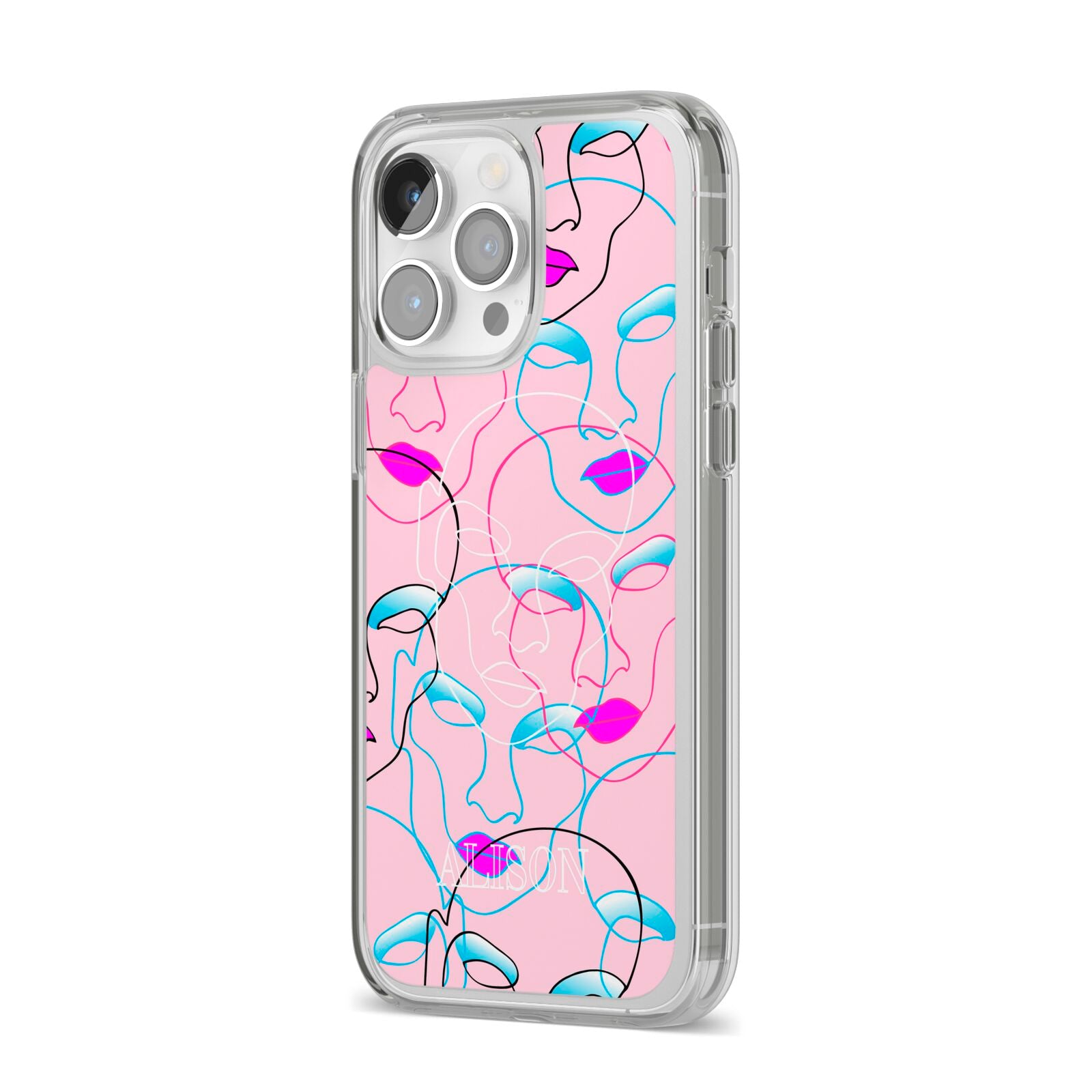 Personalised Pink Line Art iPhone 14 Pro Max Clear Tough Case Silver Angled Image