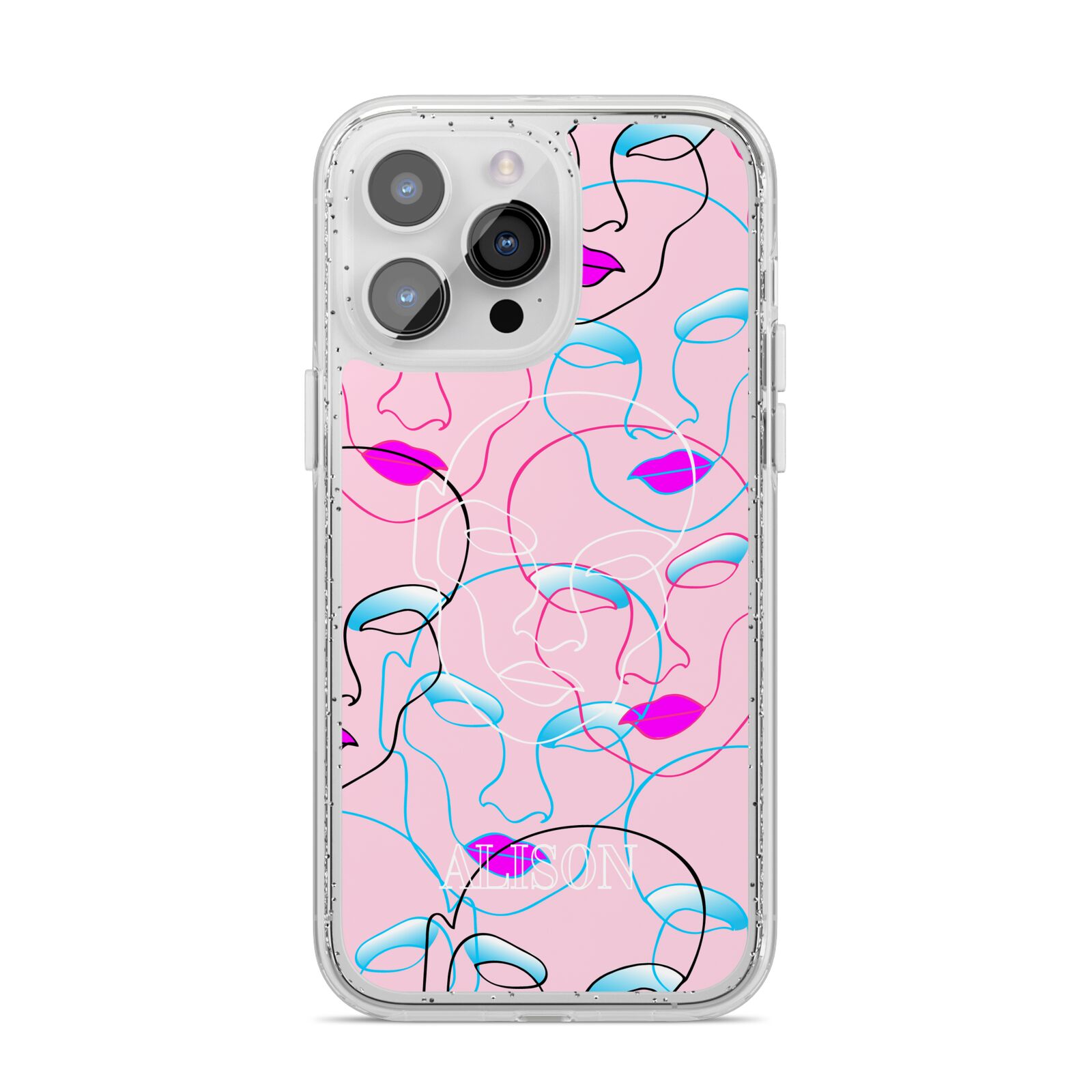 Personalised Pink Line Art iPhone 14 Pro Max Glitter Tough Case Silver