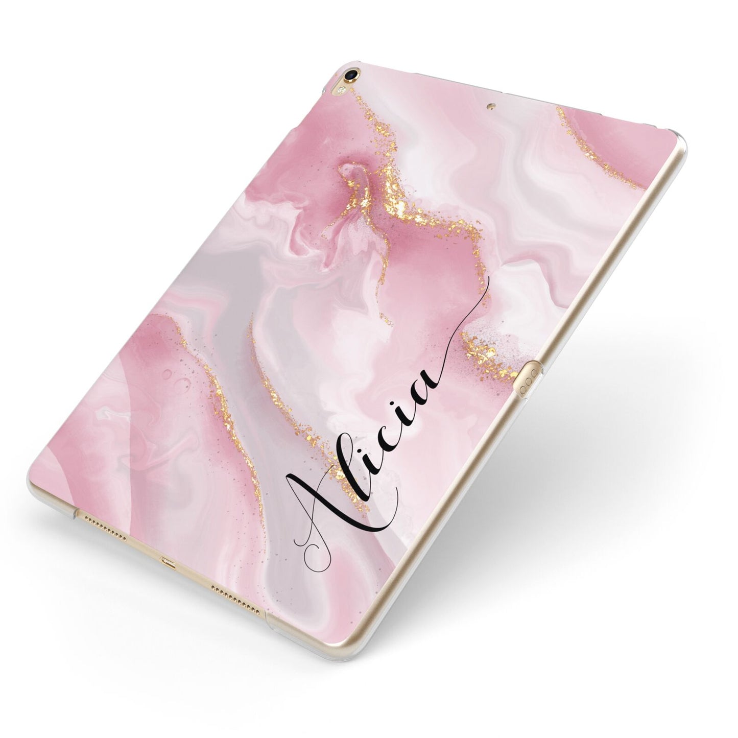 Personalised Pink Marble Apple iPad Case on Gold iPad Side View
