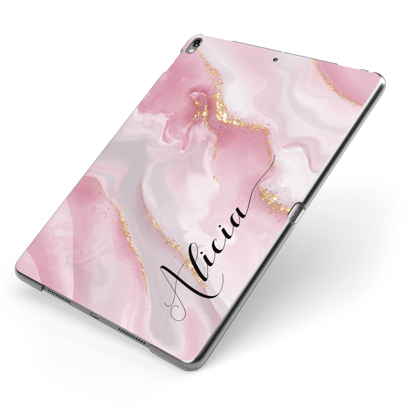 Personalised Pink Marble Apple iPad Case on Grey iPad Side View