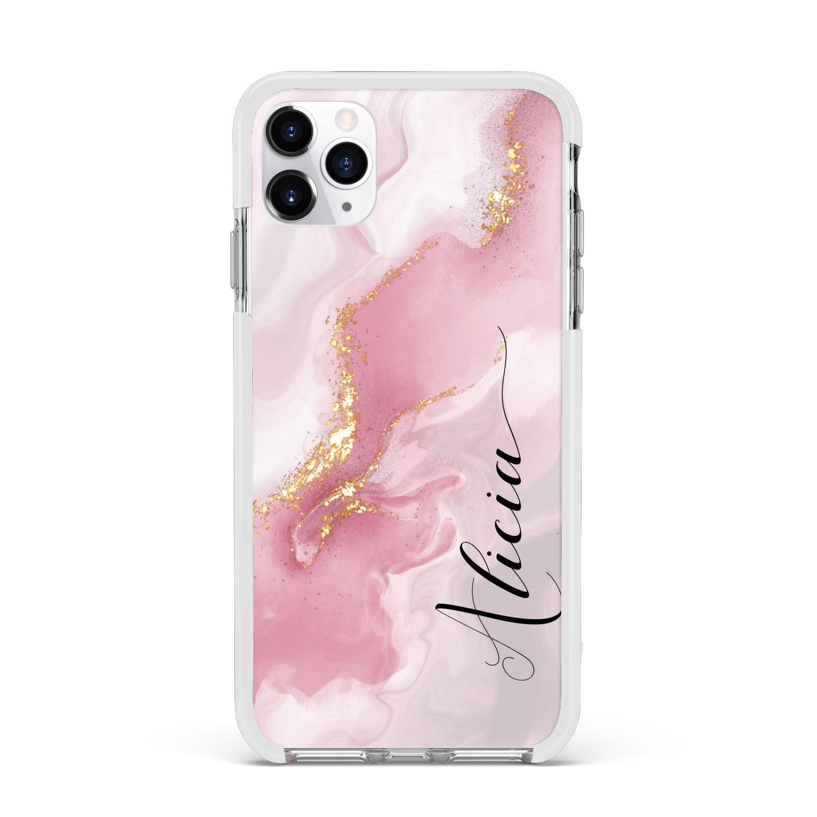 Personalised Pink Marble Apple iPhone 11 Pro Max in Silver with White Impact Case