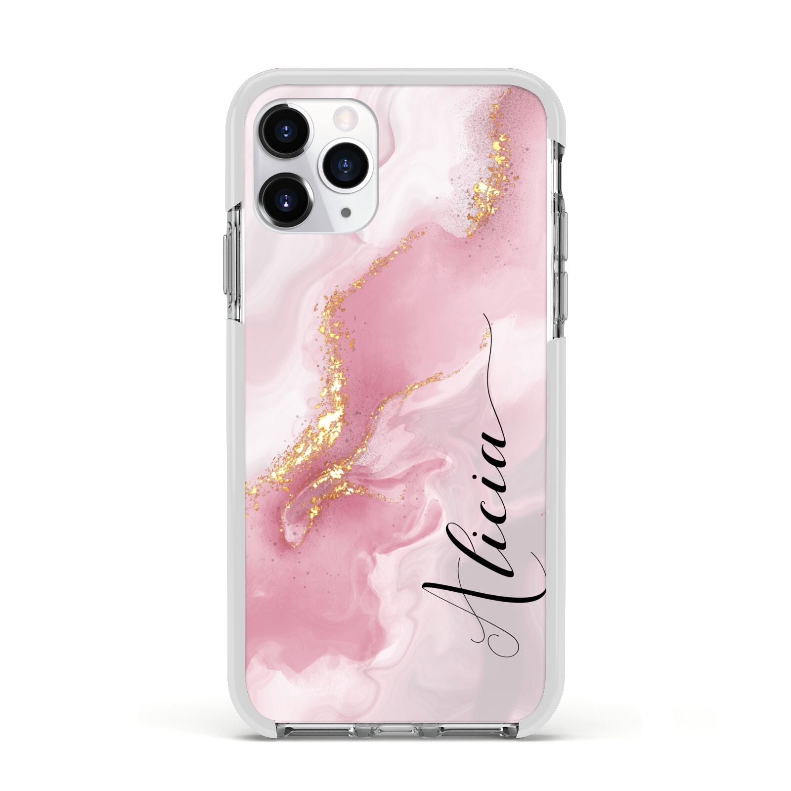 Personalised Pink Marble Apple iPhone 11 Pro in Silver with White Impact Case