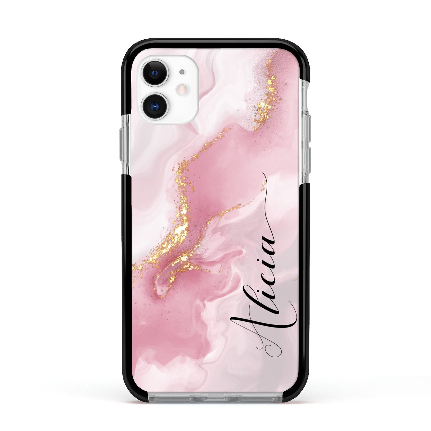 Personalised Pink Marble Apple iPhone 11 in White with Black Impact Case