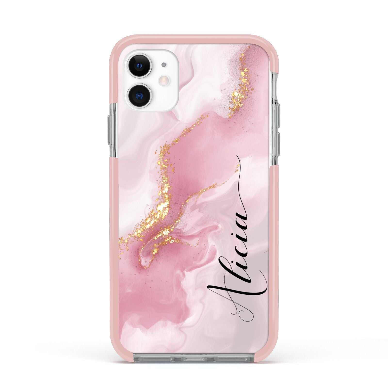 Personalised Pink Marble Apple iPhone 11 in White with Pink Impact Case