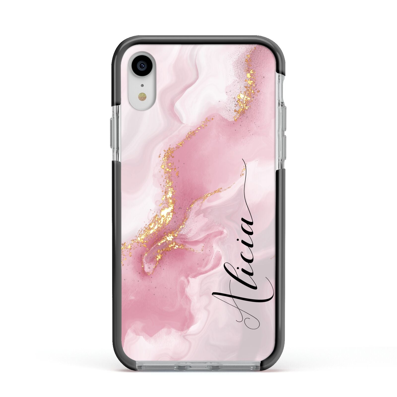 Personalised Pink Marble Apple iPhone XR Impact Case Black Edge on Silver Phone