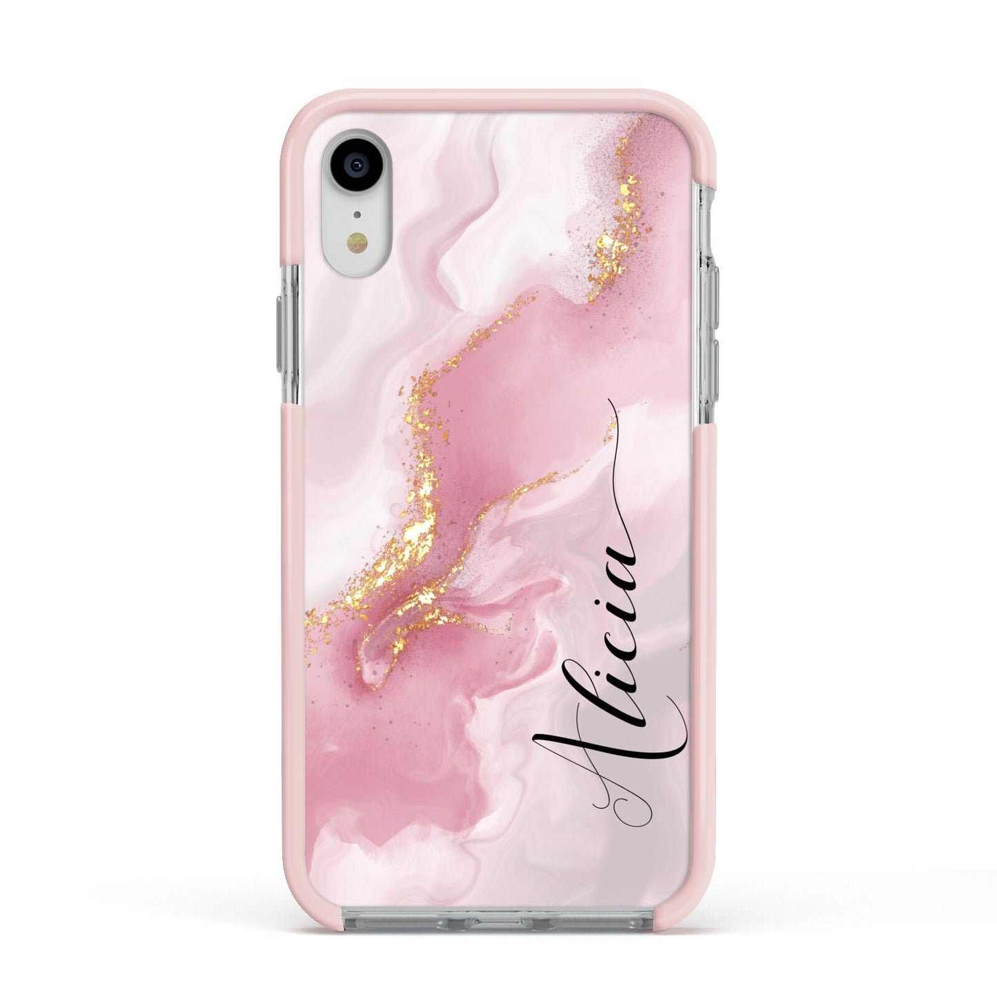 Personalised Pink Marble Apple iPhone XR Impact Case Pink Edge on Silver Phone