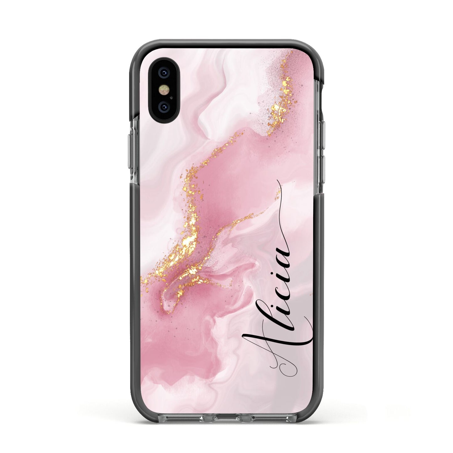 Personalised Pink Marble Apple iPhone Xs Impact Case Black Edge on Black Phone
