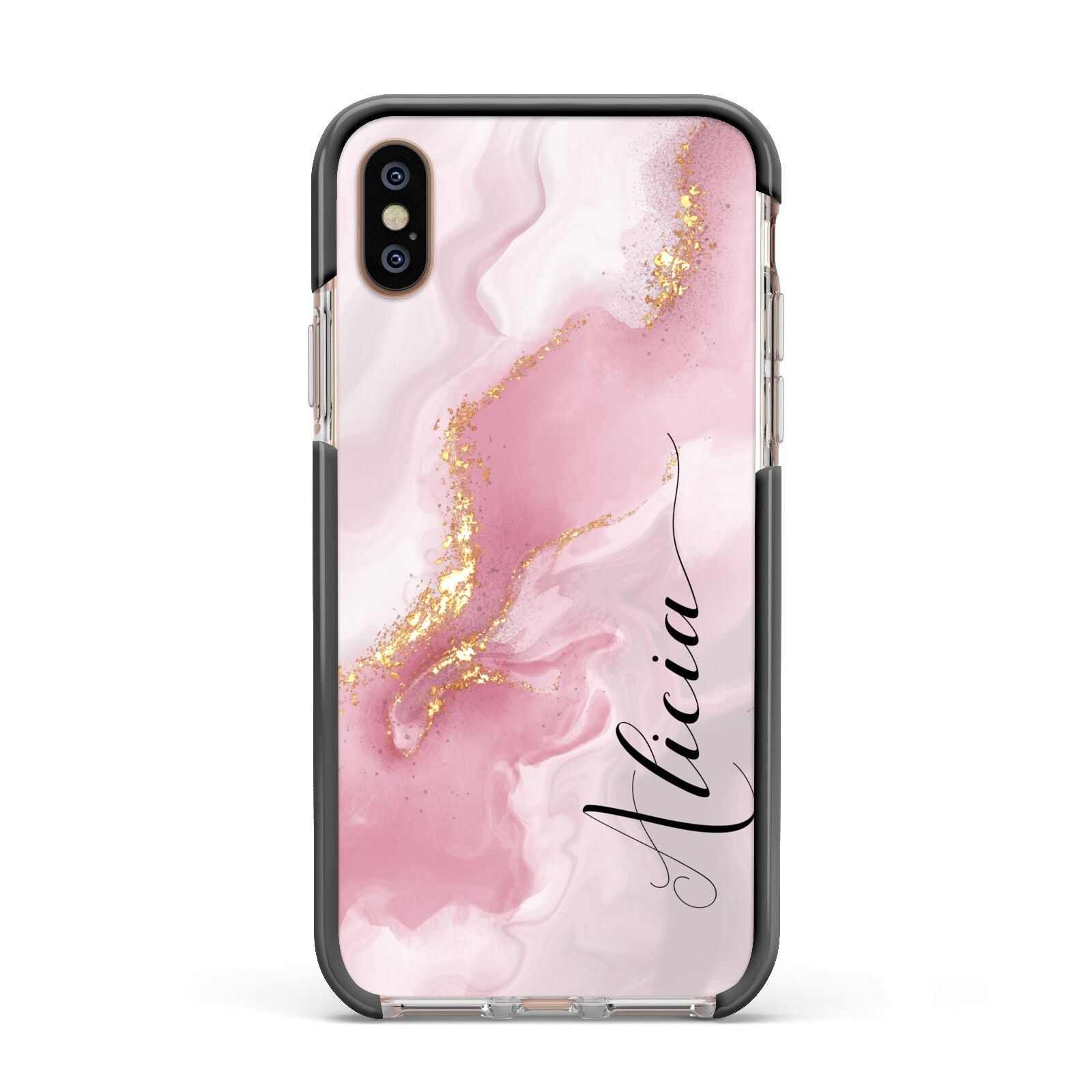 Personalised Pink Marble Apple iPhone Xs Impact Case Black Edge on Gold Phone