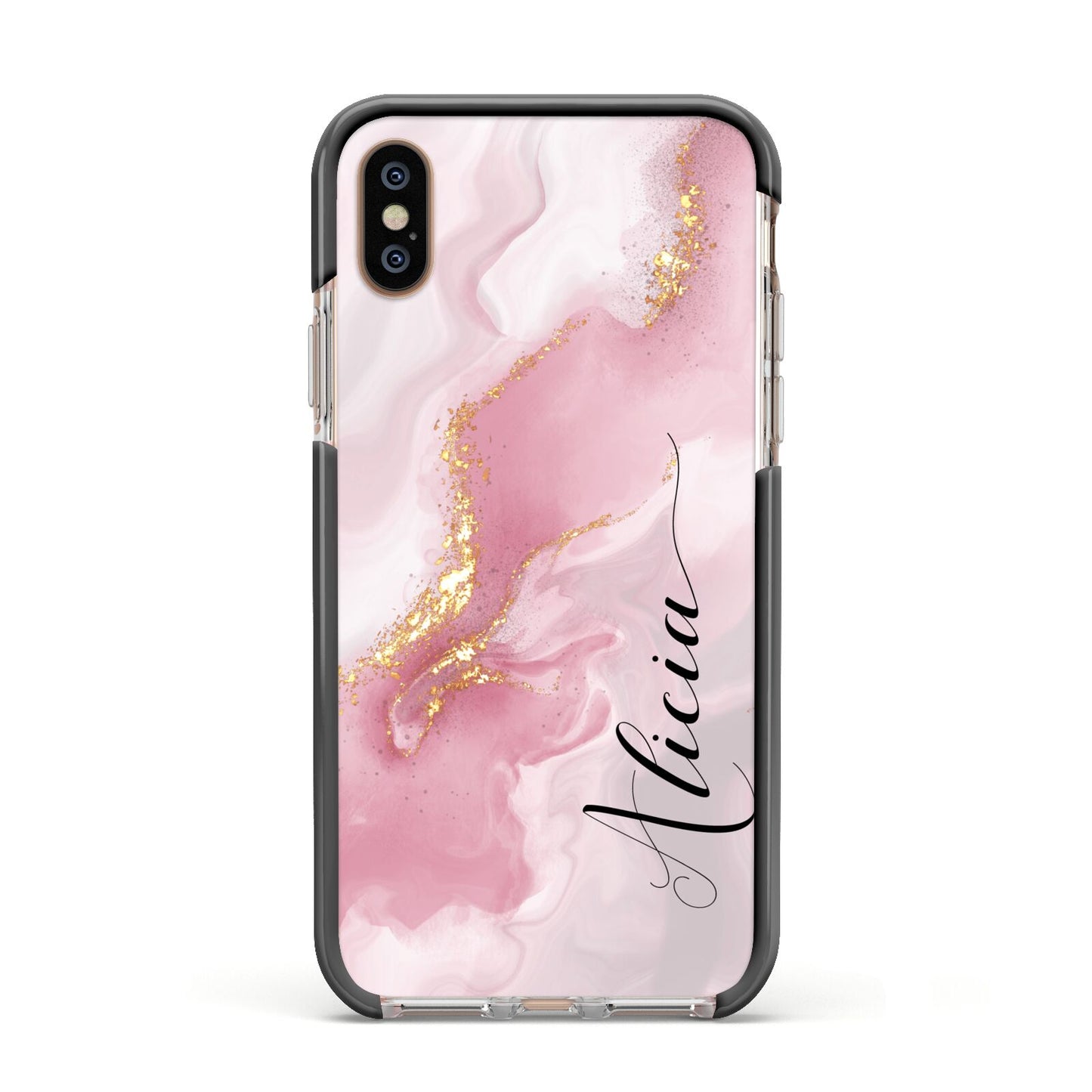 Personalised Pink Marble Apple iPhone Xs Impact Case Black Edge on Gold Phone