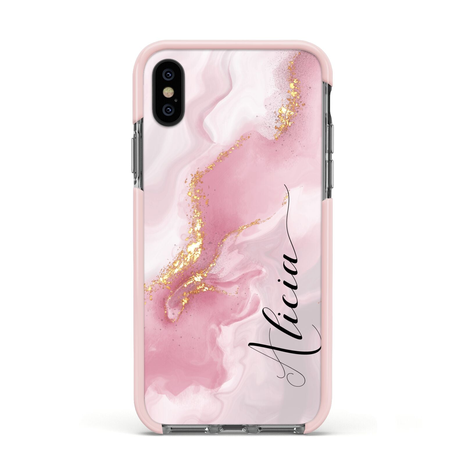 Personalised Pink Marble Apple iPhone Xs Impact Case Pink Edge on Black Phone