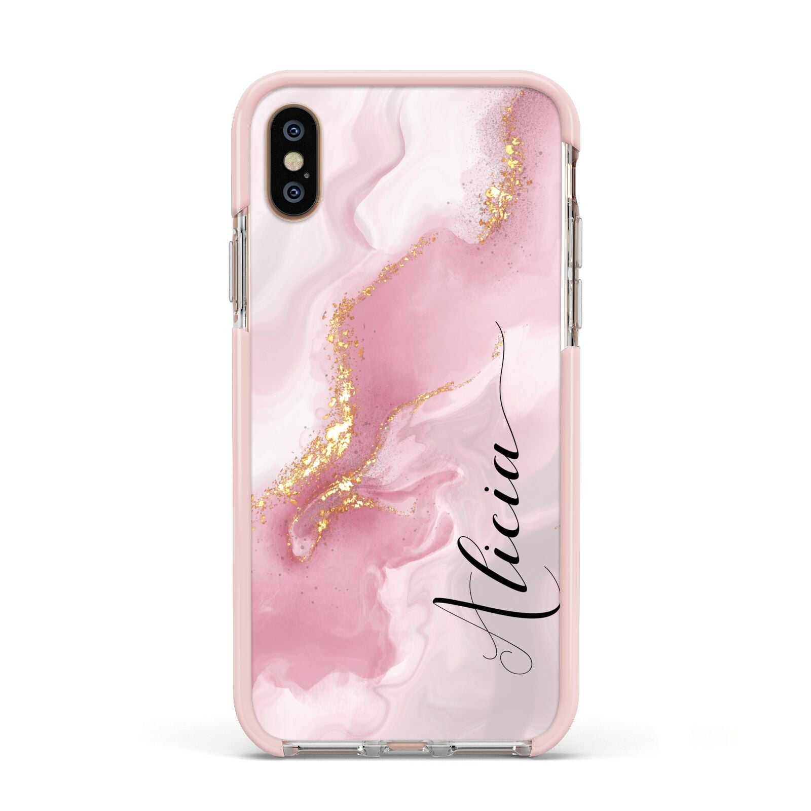 Personalised Pink Marble Apple iPhone Xs Impact Case Pink Edge on Gold Phone