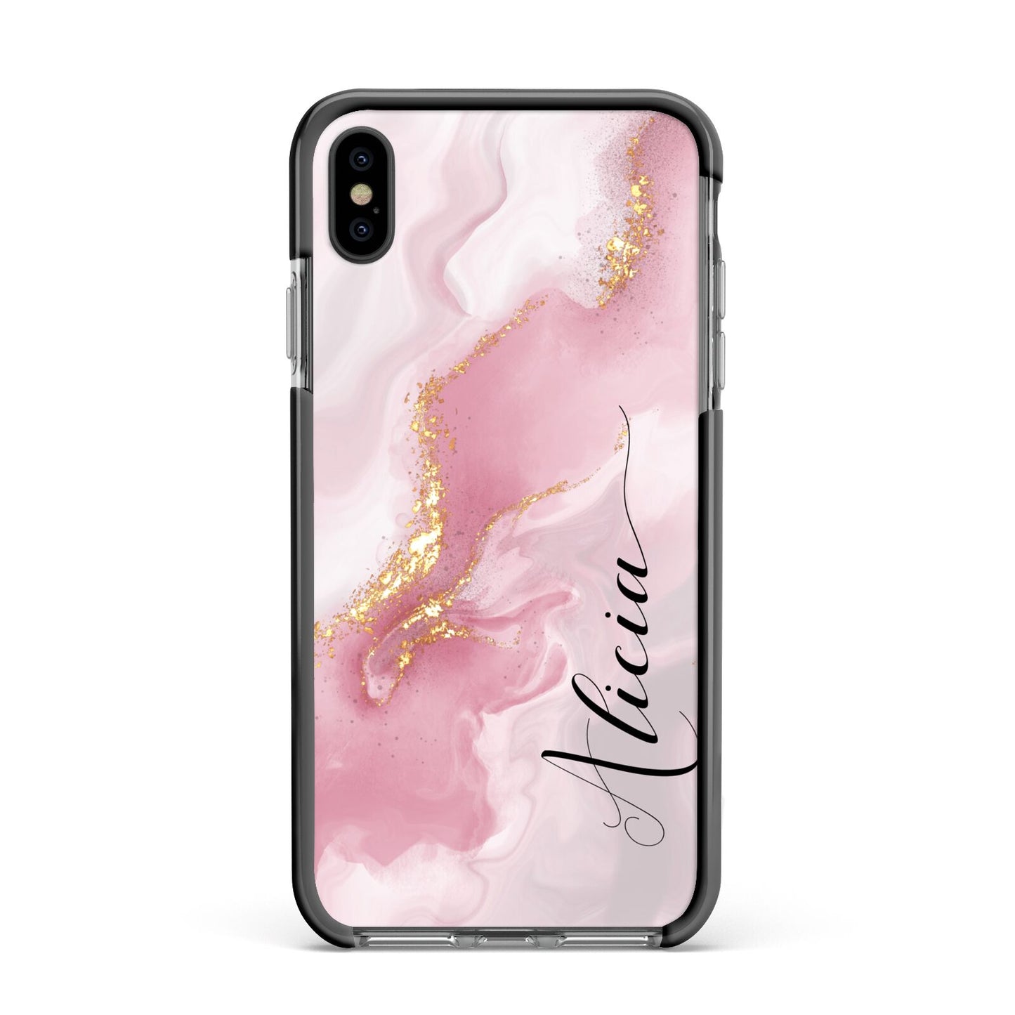 Personalised Pink Marble Apple iPhone Xs Max Impact Case Black Edge on Black Phone