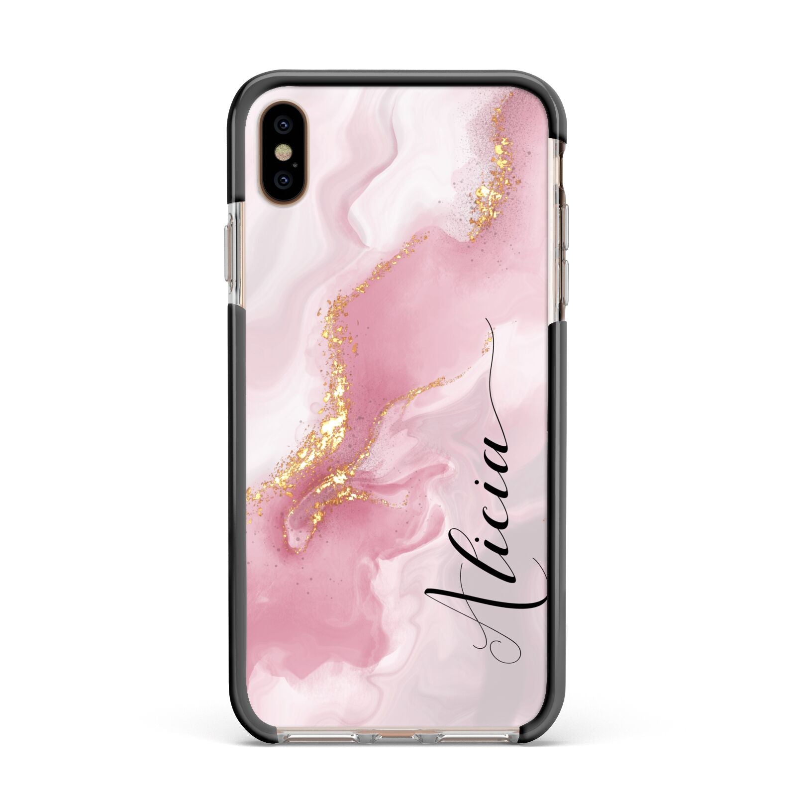 Personalised Pink Marble Apple iPhone Xs Max Impact Case Black Edge on Gold Phone