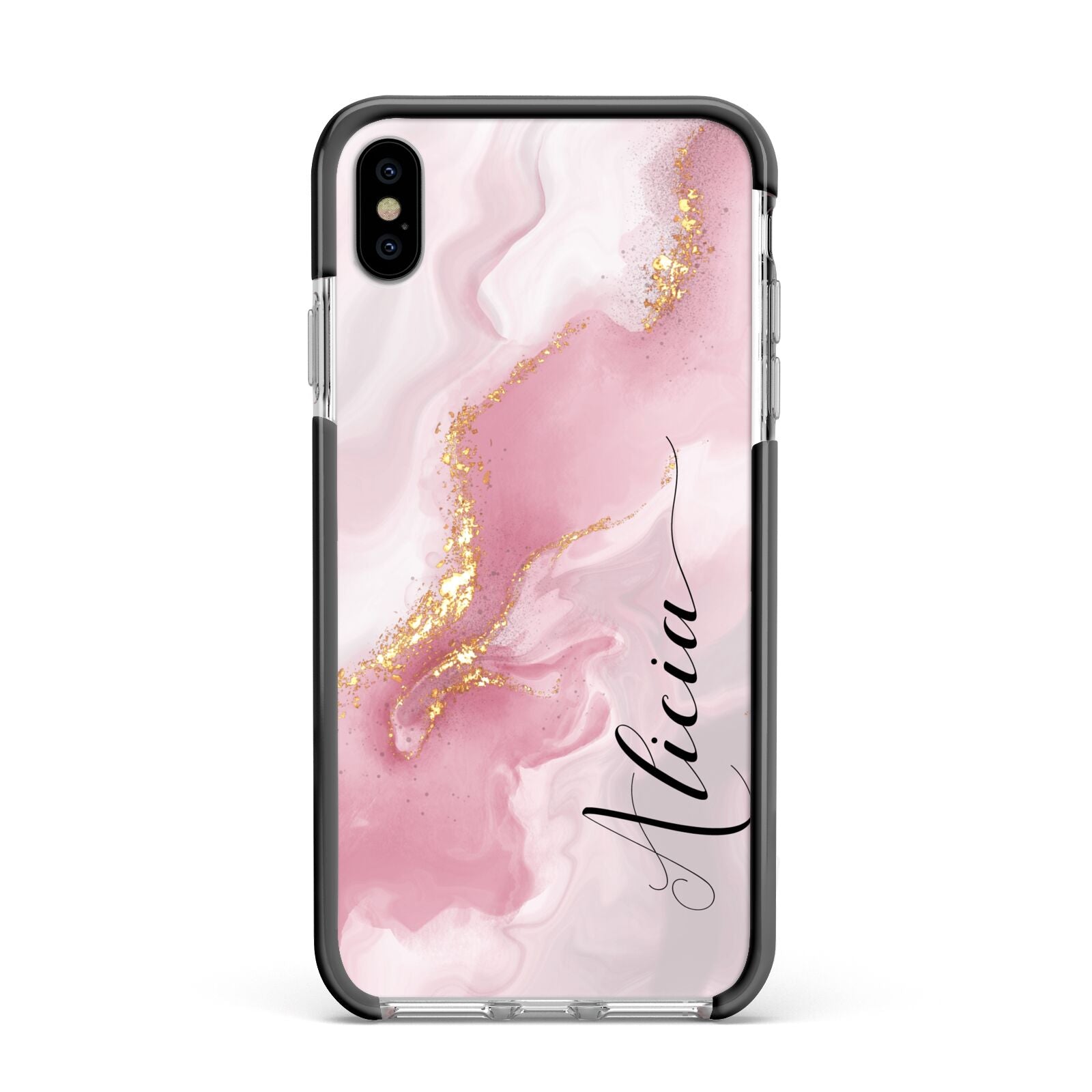 Personalised Pink Marble Apple iPhone Xs Max Impact Case Black Edge on Silver Phone