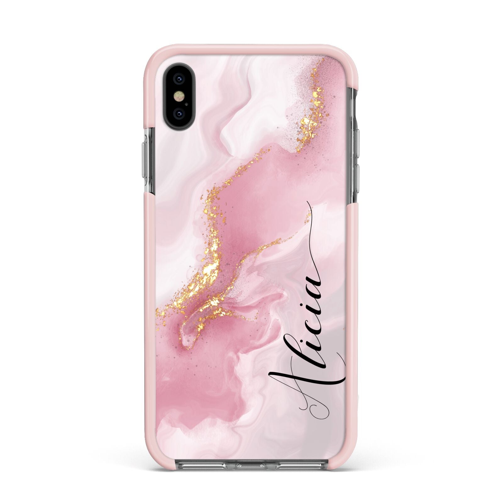 Personalised Pink Marble Apple iPhone Xs Max Impact Case Pink Edge on Black Phone