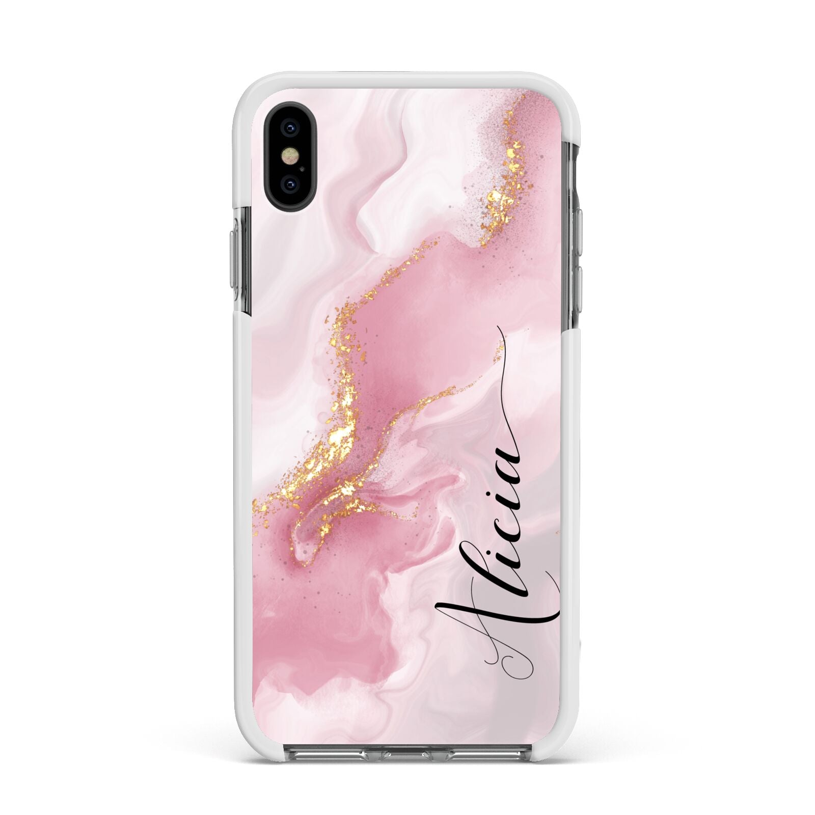 Personalised Pink Marble Apple iPhone Xs Max Impact Case White Edge on Black Phone