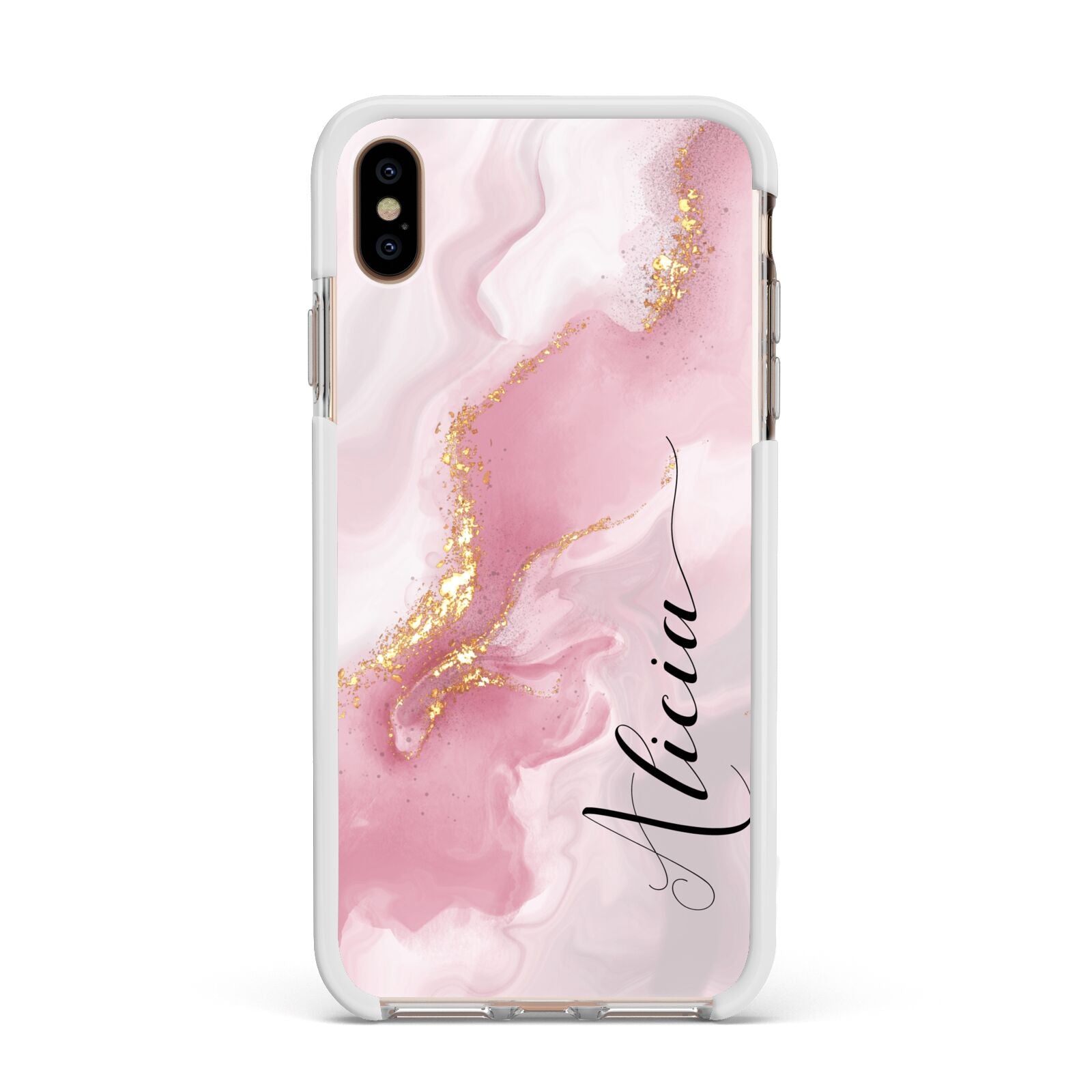 Personalised Pink Marble Apple iPhone Xs Max Impact Case White Edge on Gold Phone