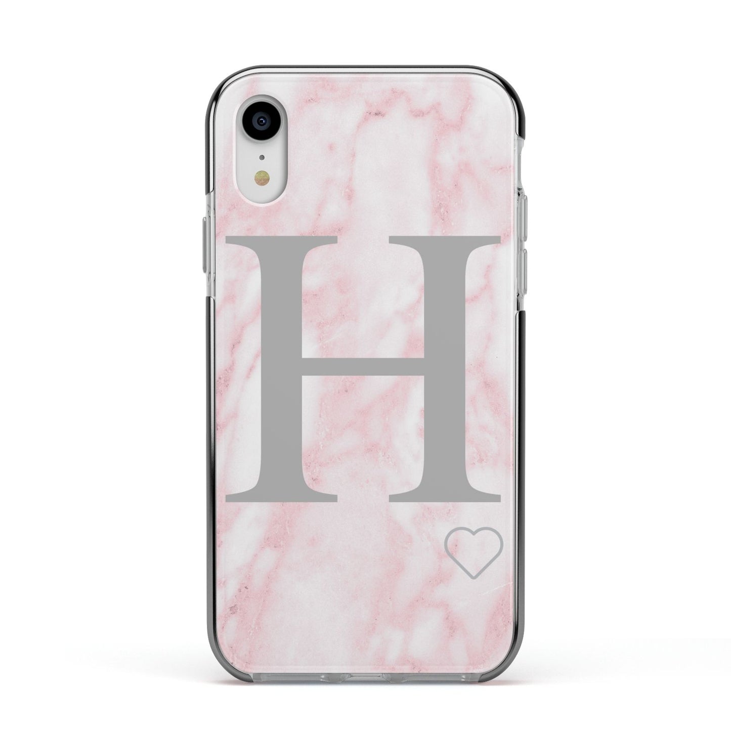 Personalised Pink Marble Initial 1 Custom Apple iPhone XR Impact Case Black Edge on Silver Phone