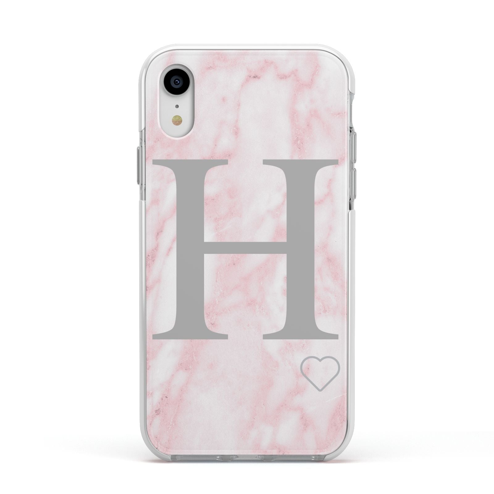 Personalised Pink Marble Initial 1 Custom Apple iPhone XR Impact Case White Edge on Silver Phone