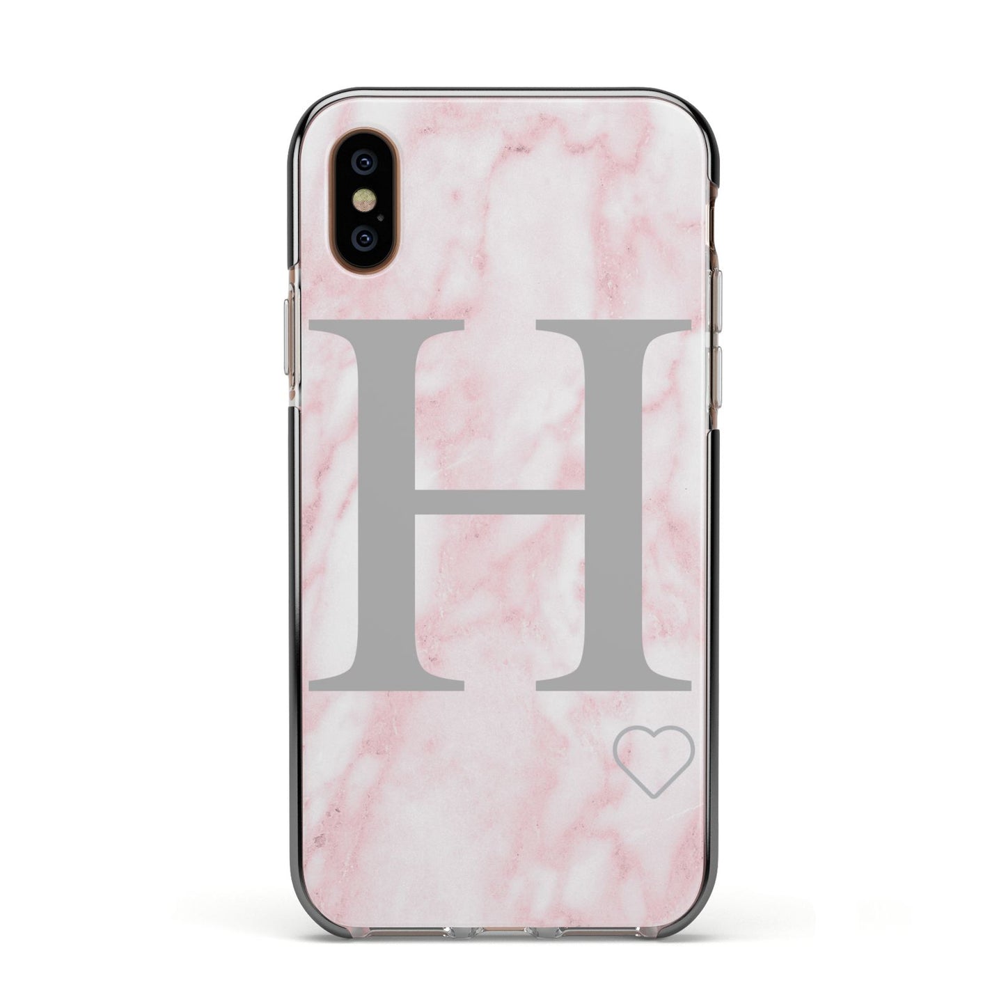 Personalised Pink Marble Initial 1 Custom Apple iPhone Xs Impact Case Black Edge on Gold Phone