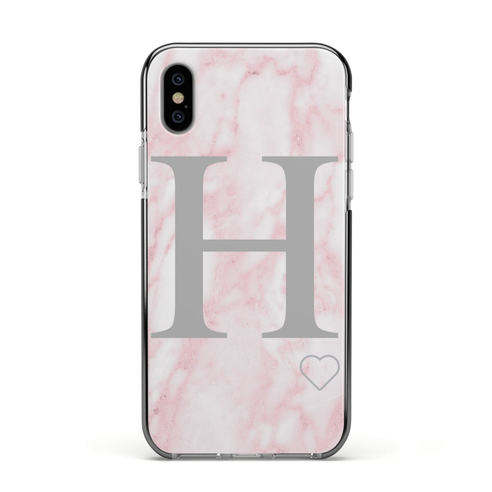 Personalised Pink Marble Initial 1 Custom Apple iPhone Xs Impact Case Black Edge on Silver Phone