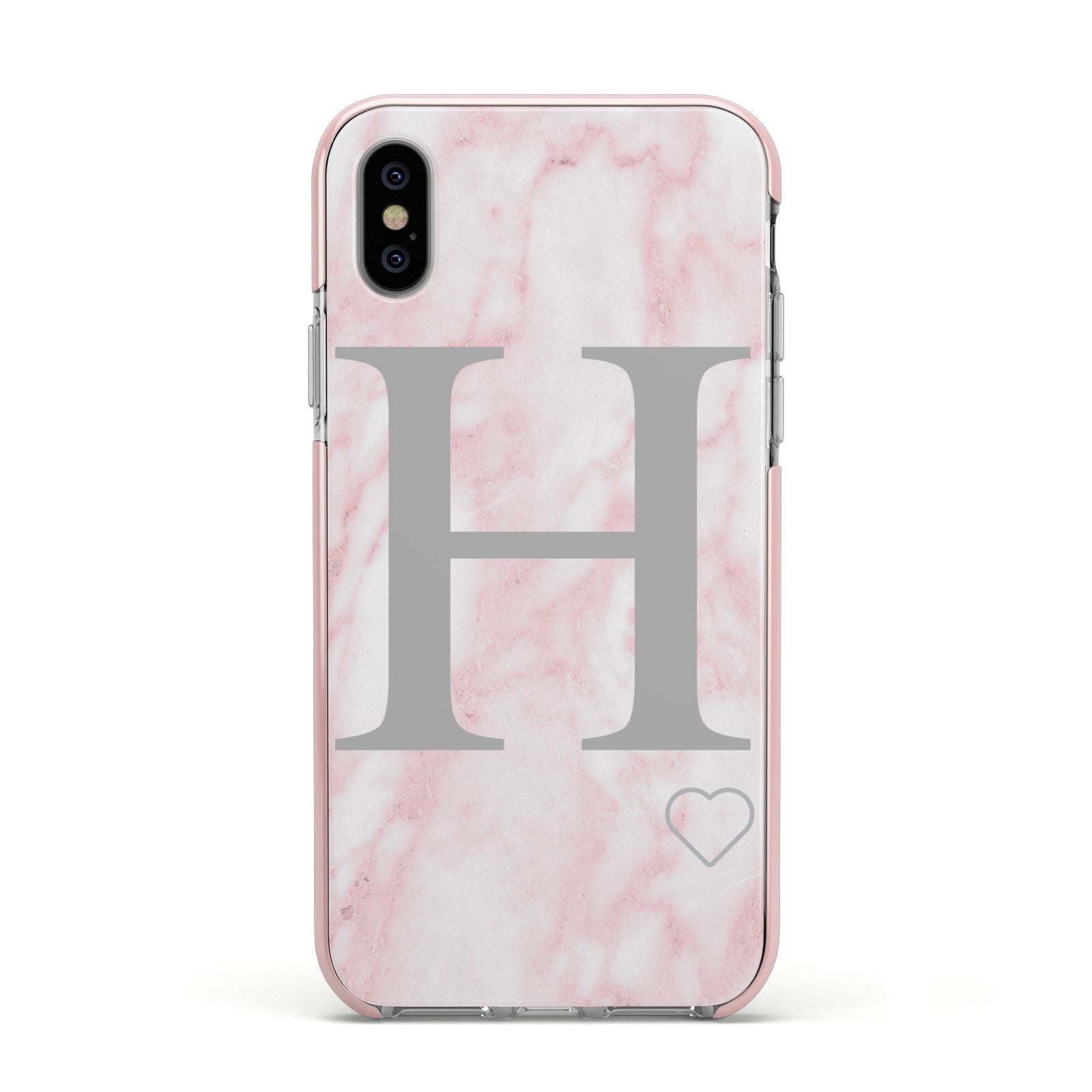 Personalised Pink Marble Initial 1 Custom Apple iPhone Xs Impact Case Pink Edge on Silver Phone