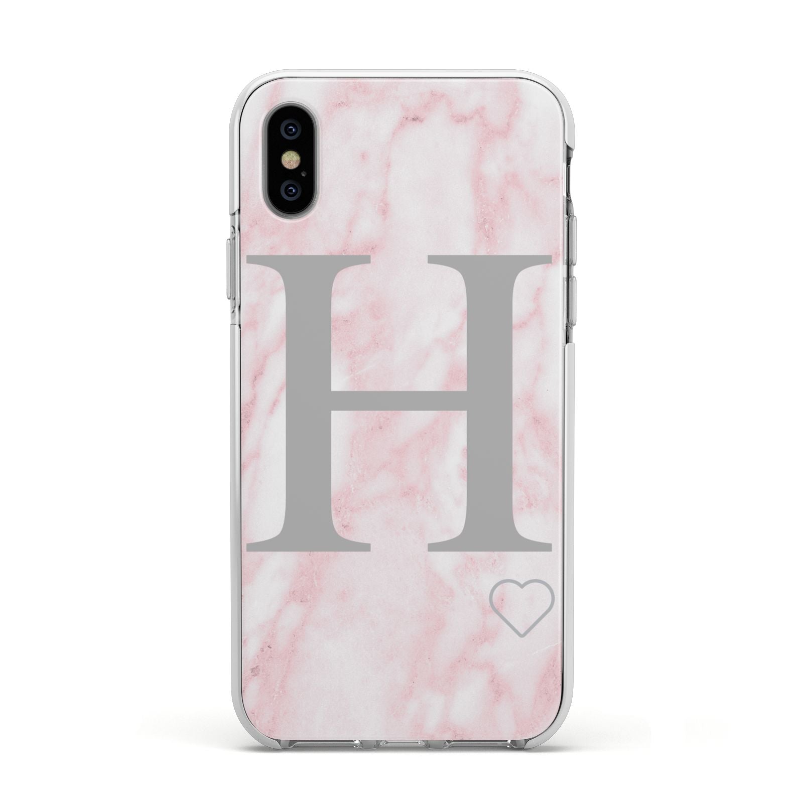Personalised Pink Marble Initial 1 Custom Apple iPhone Xs Impact Case White Edge on Silver Phone