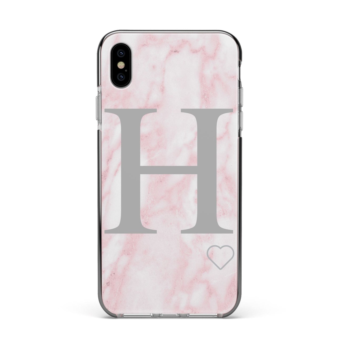 Personalised Pink Marble Initial 1 Custom Apple iPhone Xs Max Impact Case Black Edge on Silver Phone