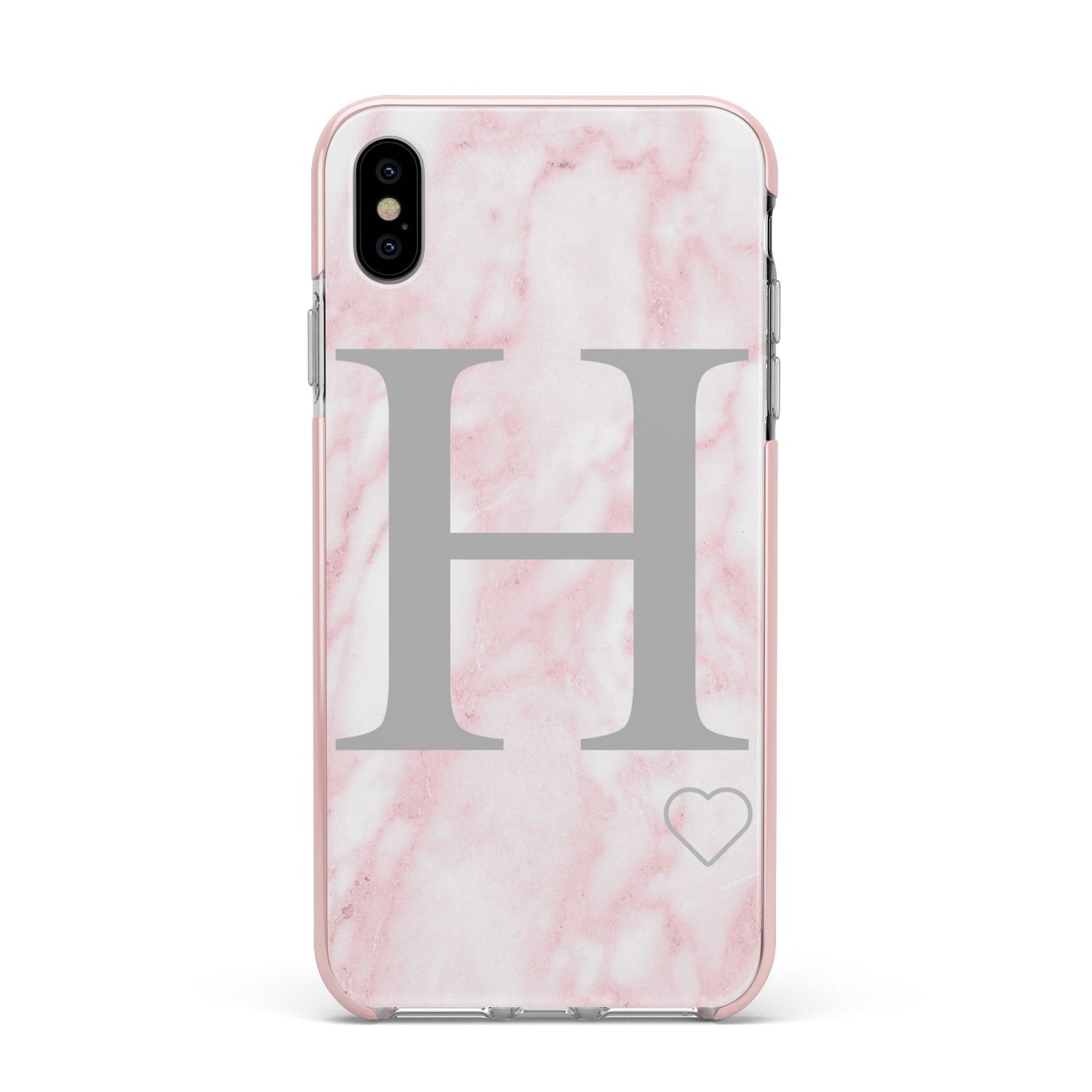 Personalised Pink Marble Initial 1 Custom Apple iPhone Xs Max Impact Case Pink Edge on Silver Phone