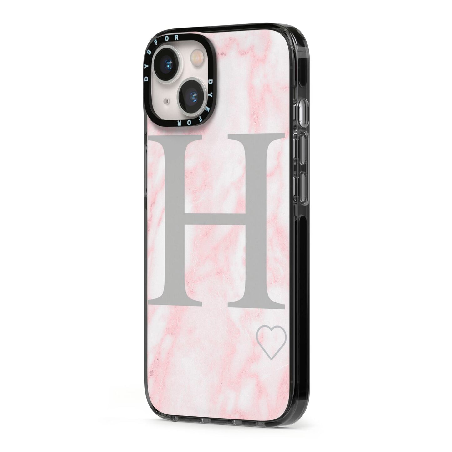Personalised Pink Marble Initial 1 Custom iPhone 13 Black Impact Case Side Angle on Silver phone