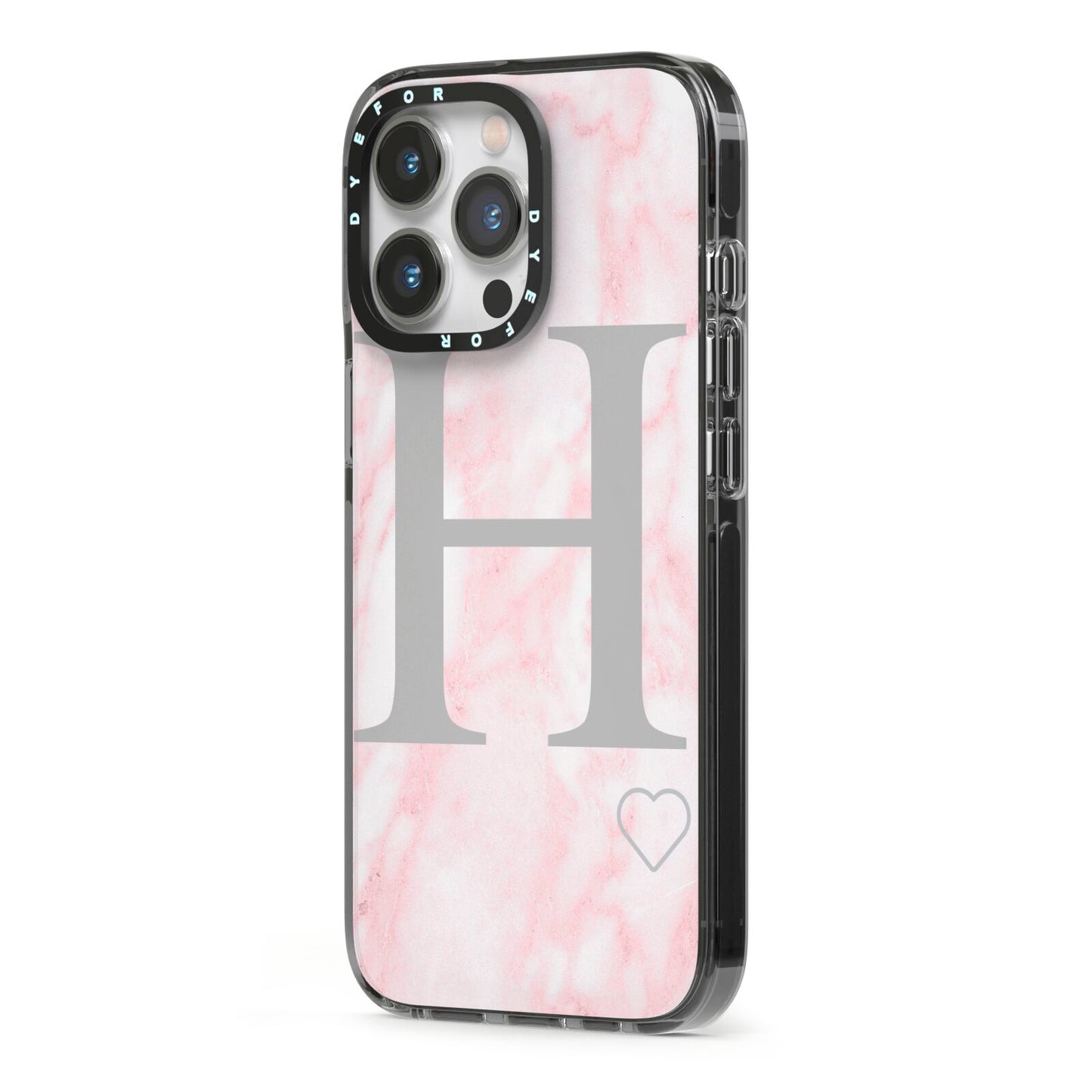 Personalised Pink Marble Initial 1 Custom iPhone 13 Pro Black Impact Case Side Angle on Silver phone