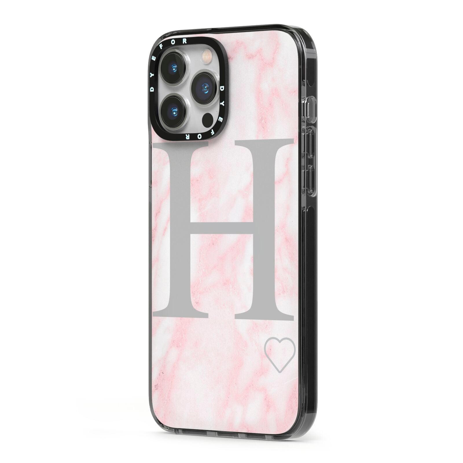 Personalised Pink Marble Initial 1 Custom iPhone 13 Pro Max Black Impact Case Side Angle on Silver phone