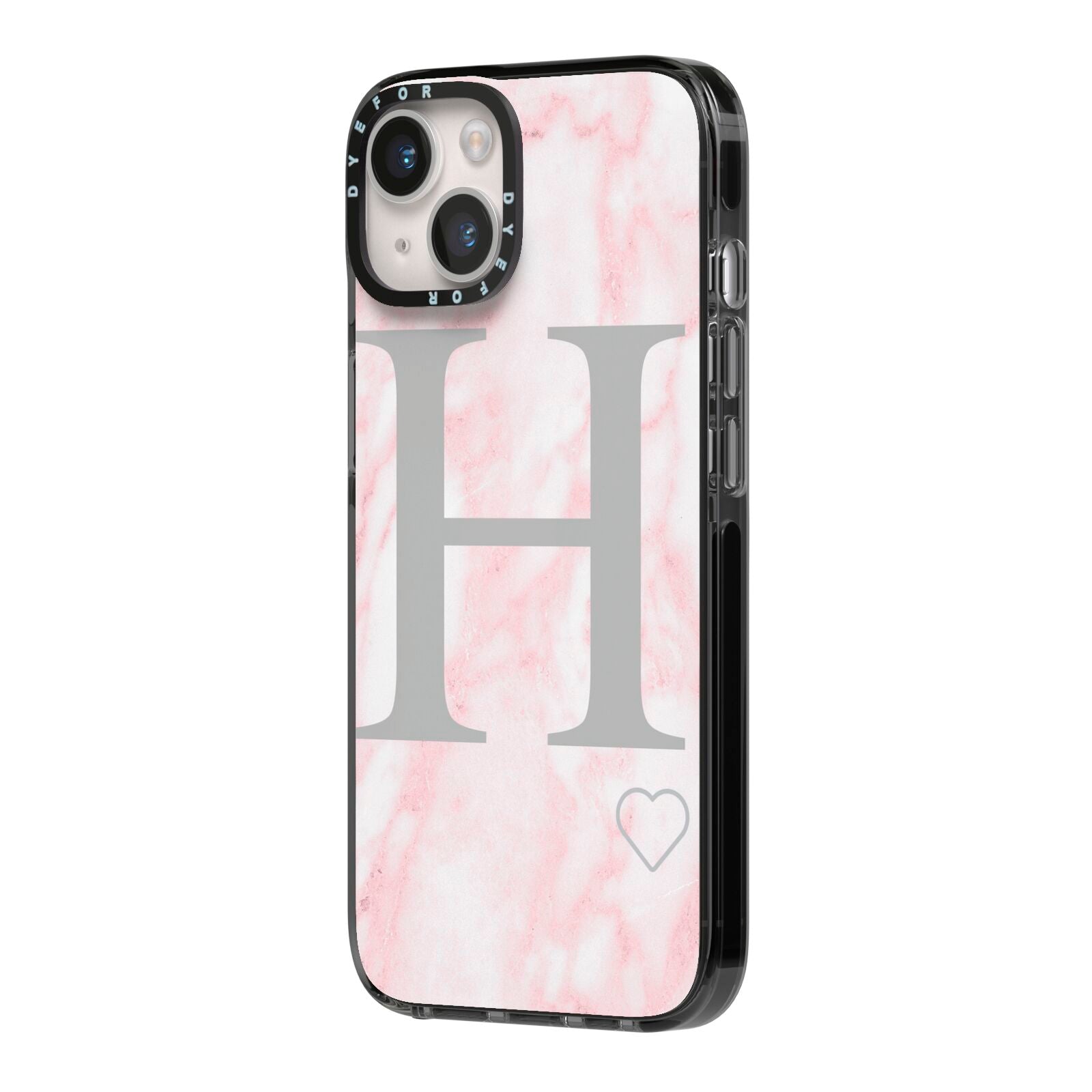 Personalised Pink Marble Initial 1 Custom iPhone 14 Black Impact Case Side Angle on Silver phone