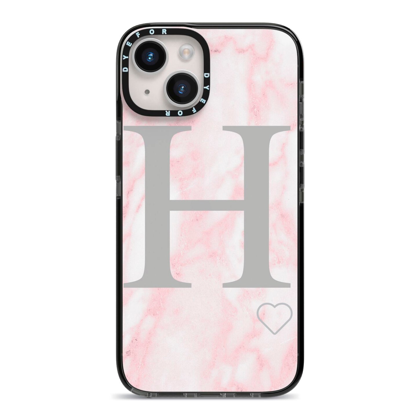 Personalised Pink Marble Initial 1 Custom iPhone 14 Black Impact Case on Silver phone