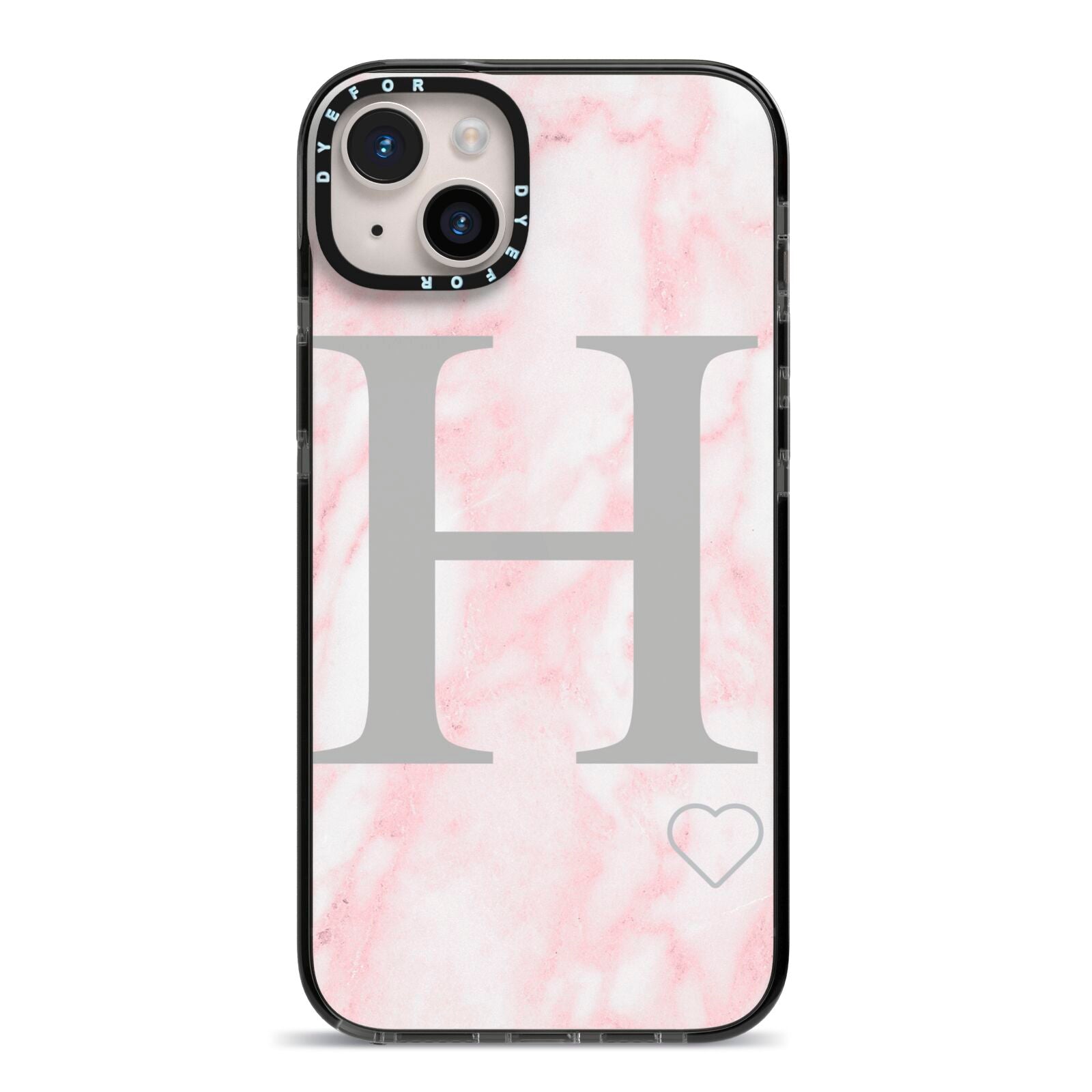 Personalised Pink Marble Initial 1 Custom iPhone 14 Plus Black Impact Case on Silver phone